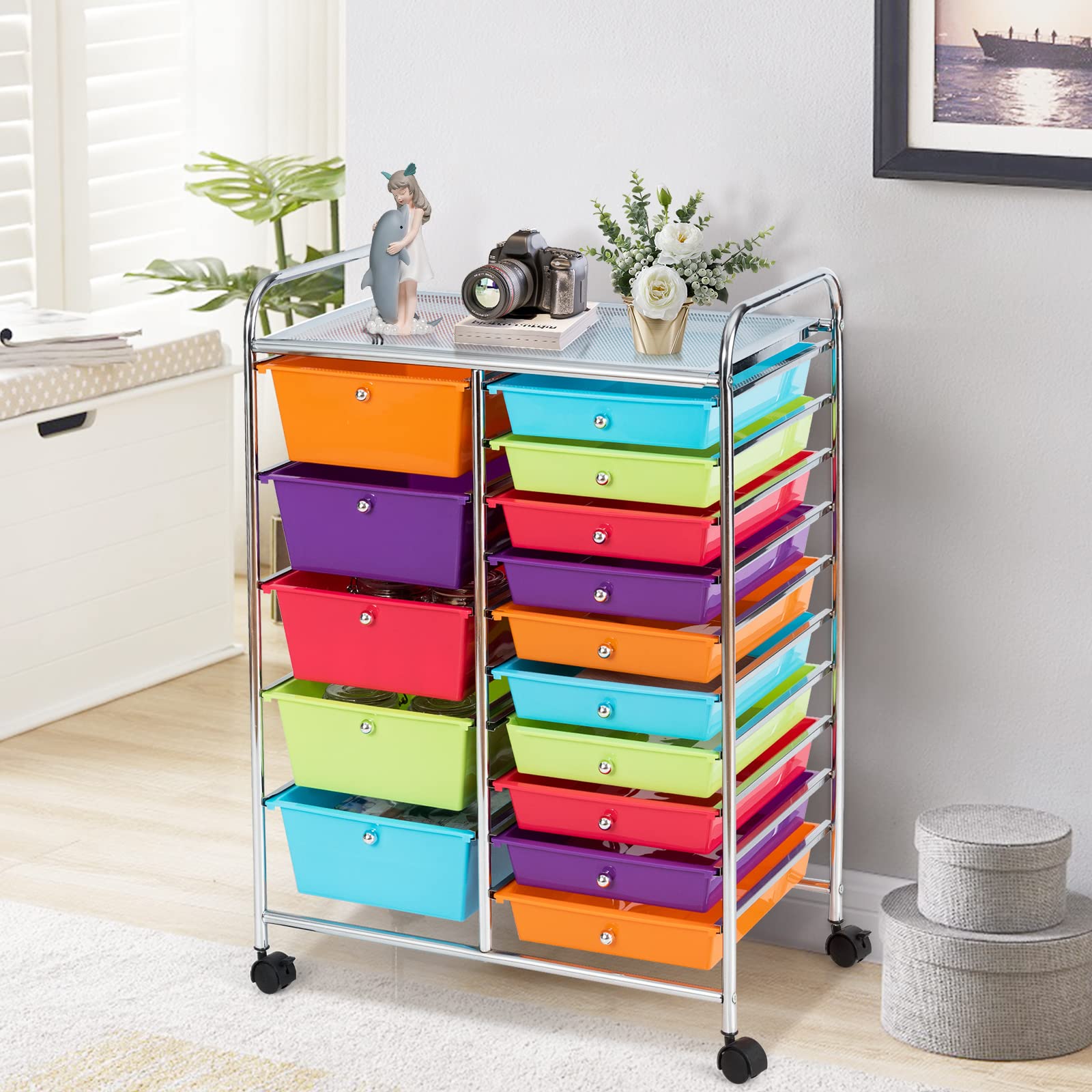 Nightcore 15-Drawer Rolling Storage Cart with Lockable Wheels - Multipurpose Craft Organizer for Tools, Scrapbooking & Office Supplies - Mobile Utility Cart for Home, Office, School & Craft Room Organization