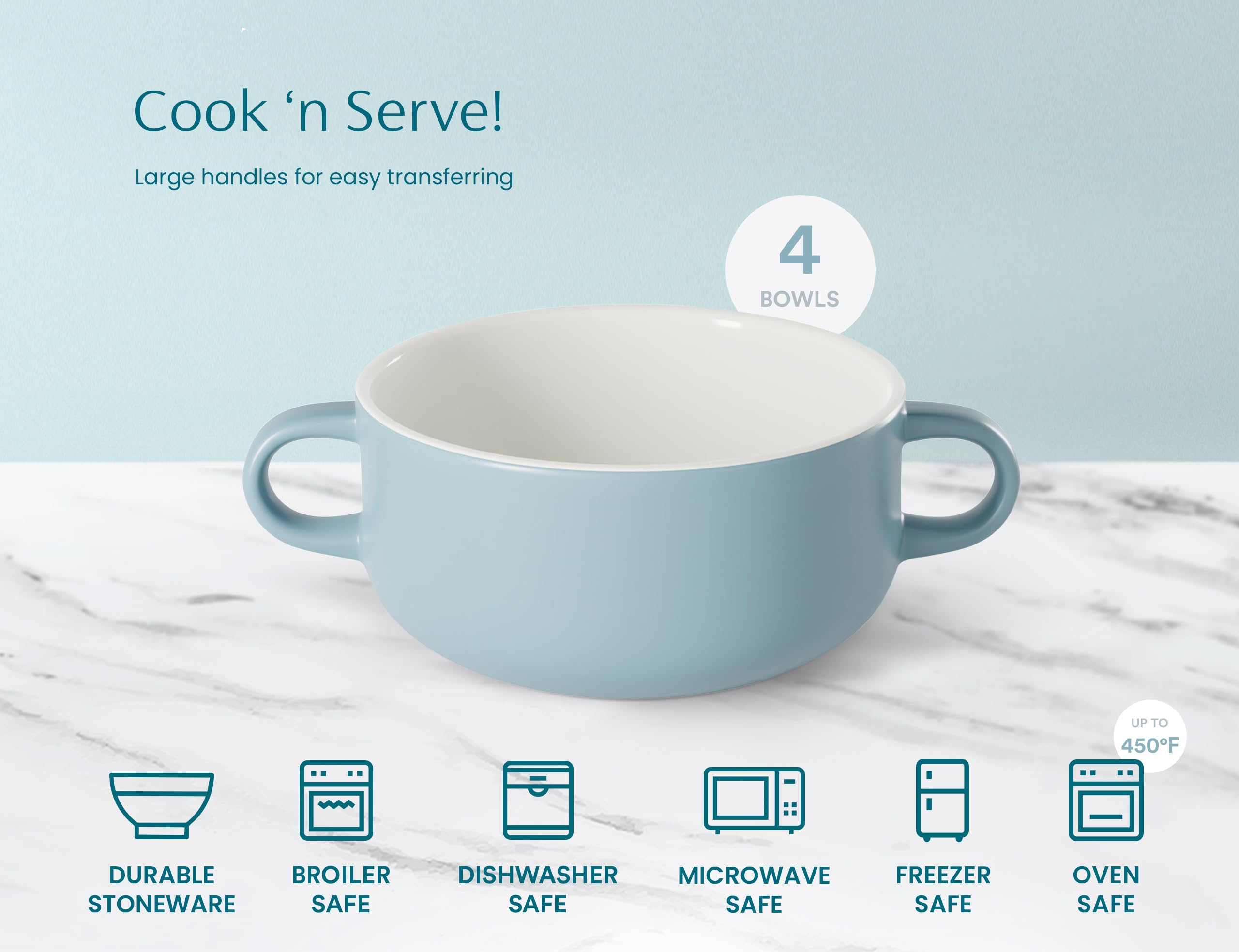 KooK 18 oz Ceramic Soup Crocks with Handles - Oven, Broiler, Microwave & Dishwasher Safe Bowls - Set of 4 Pale Blue Soup Bowls for Casserole, Pasta, Cereal - Perfect for Family Dinners & Entertaining Guests