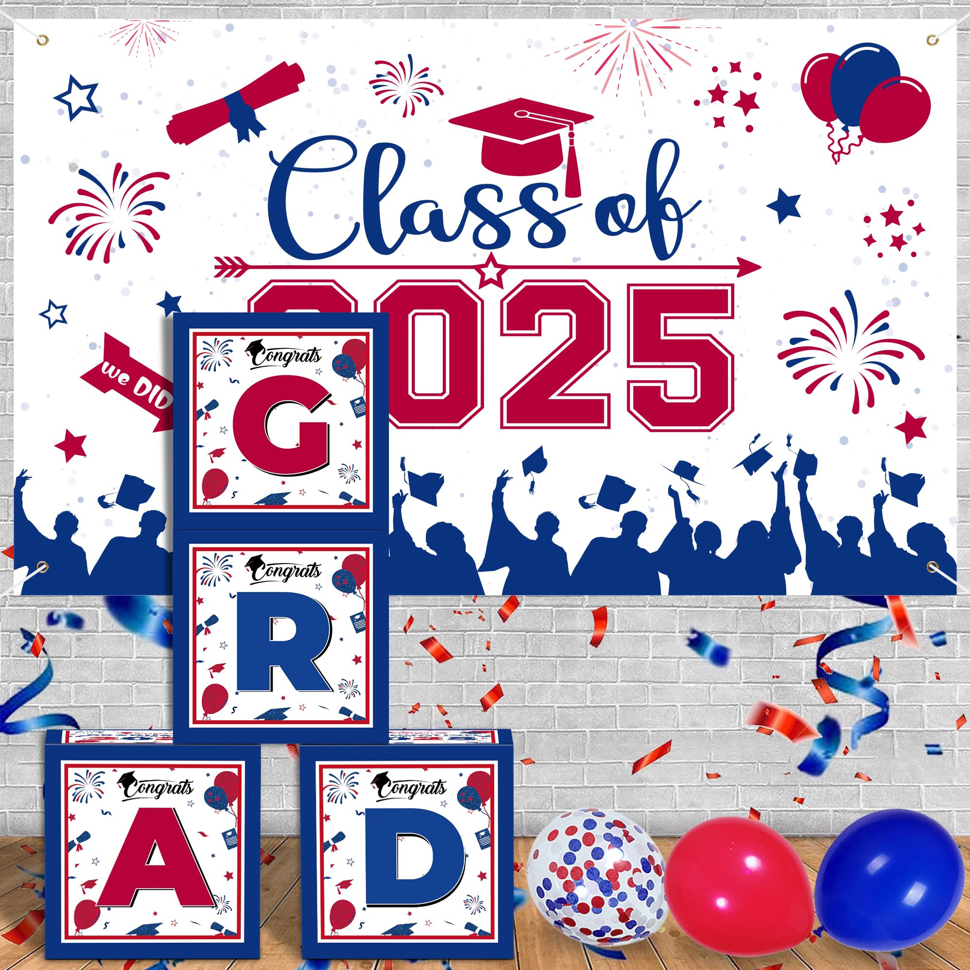 2025 Graduation Balloon Decorations - 4 Pcs Red & Blue Graduation Balloon Boxes for High School & College Graduation Party Supplies | Perfect for Class of 2025 Decor, Graduation Ceremony & Celebration Decorations
