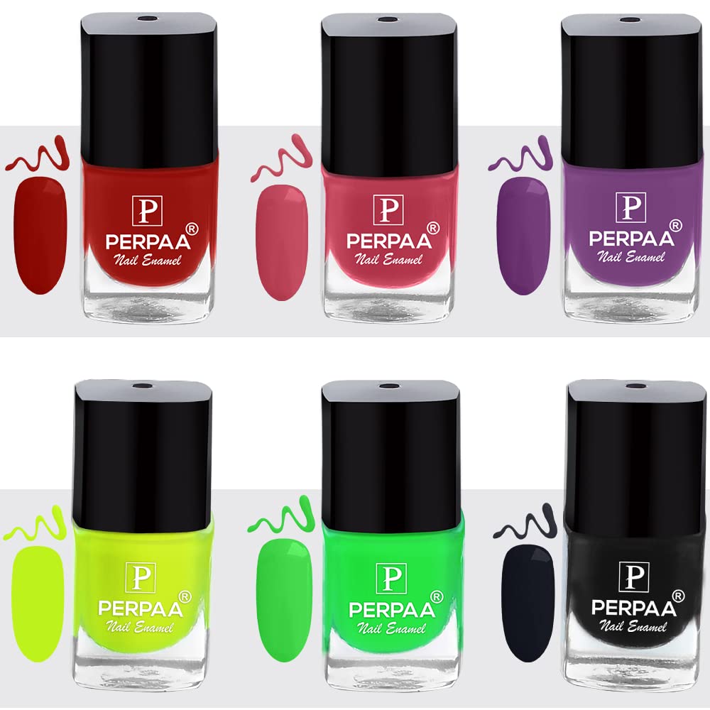 PERPAA® 6-Pack Long-Lasting Gel Nail Polish Set - Quick-Drying, Chip-Resistant, Vibrant Colors (Neon, Deep Red, Light Pink, Purple, Light Green, Black) - Perfect for Salon, Home Manicures, Parties & Special Occasions