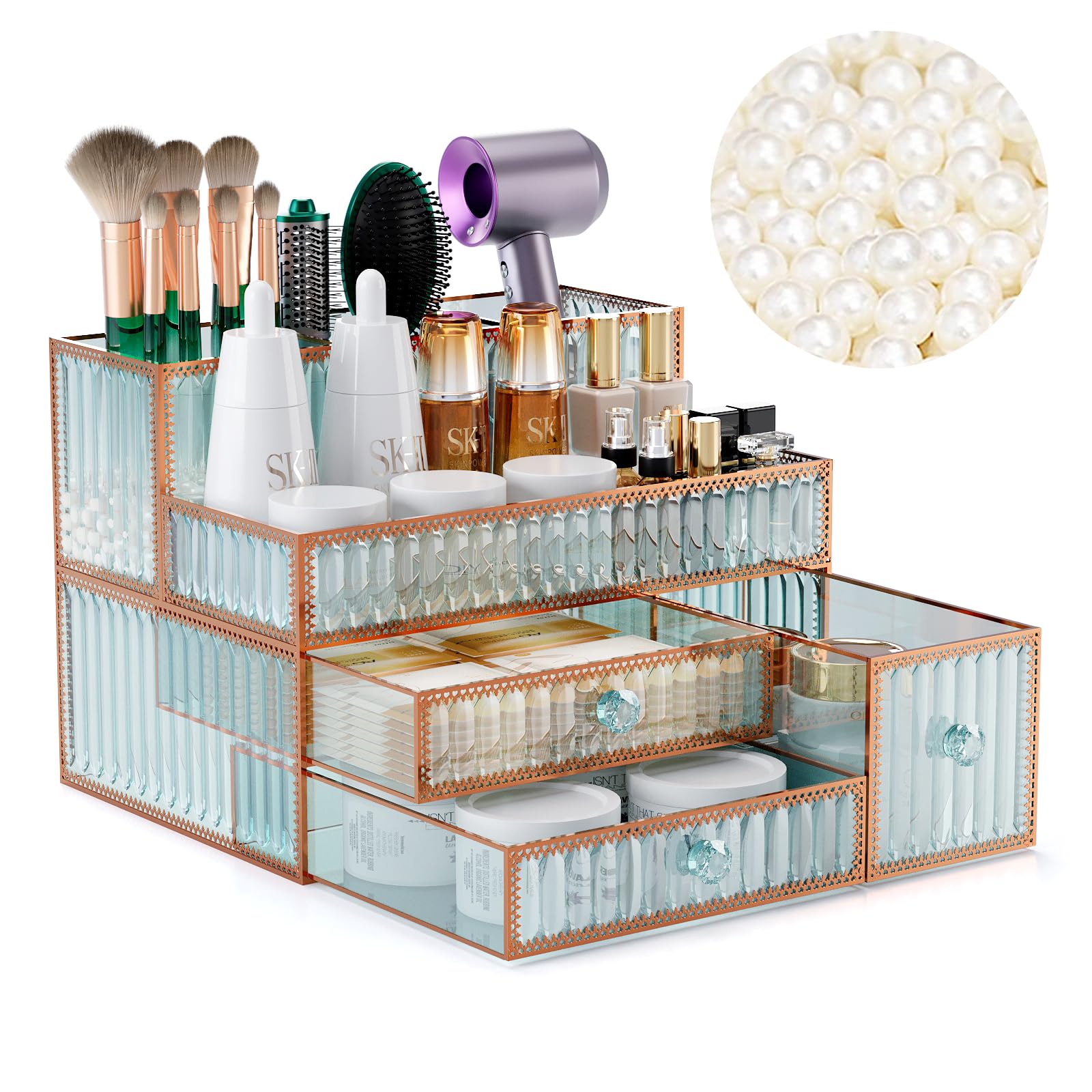 Tempered Glass Makeup Organizer - Cosmetic & Skincare Vanity Organizer for Brushes, Hair Tools, Perfume - Multipurpose Bathroom Countertop Storage | Perfect for Bedroom Vanity, Bathroom Counter & Dressing Table Organization