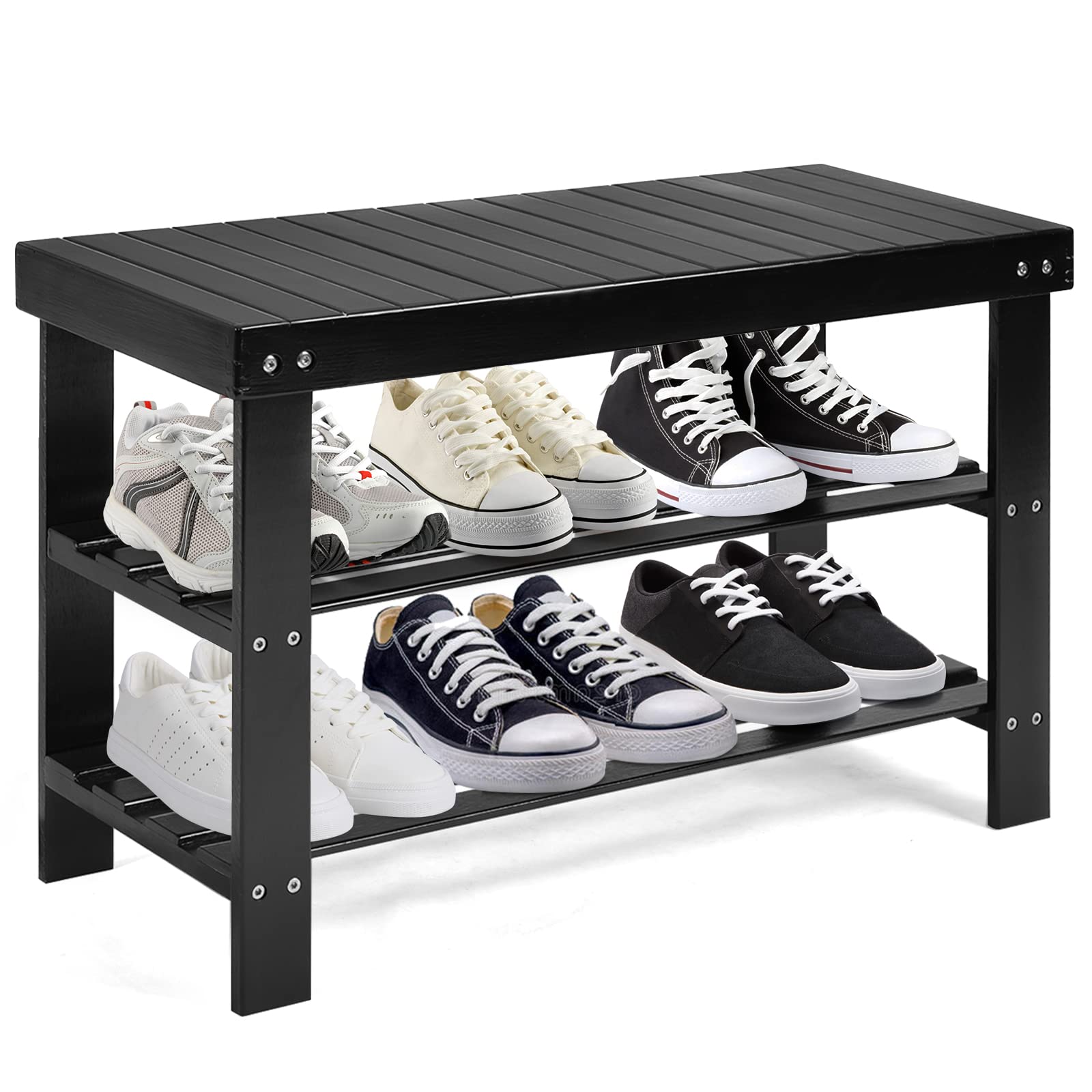 Giantex 3-Tier Bamboo Shoe Bench & Storage Rack - Holds 6 Pairs of Shoes - Entryway Organizer for Heels, Slippers - Perfect for Living Room, Bathroom, Closet & Mudroom Organization (Black)