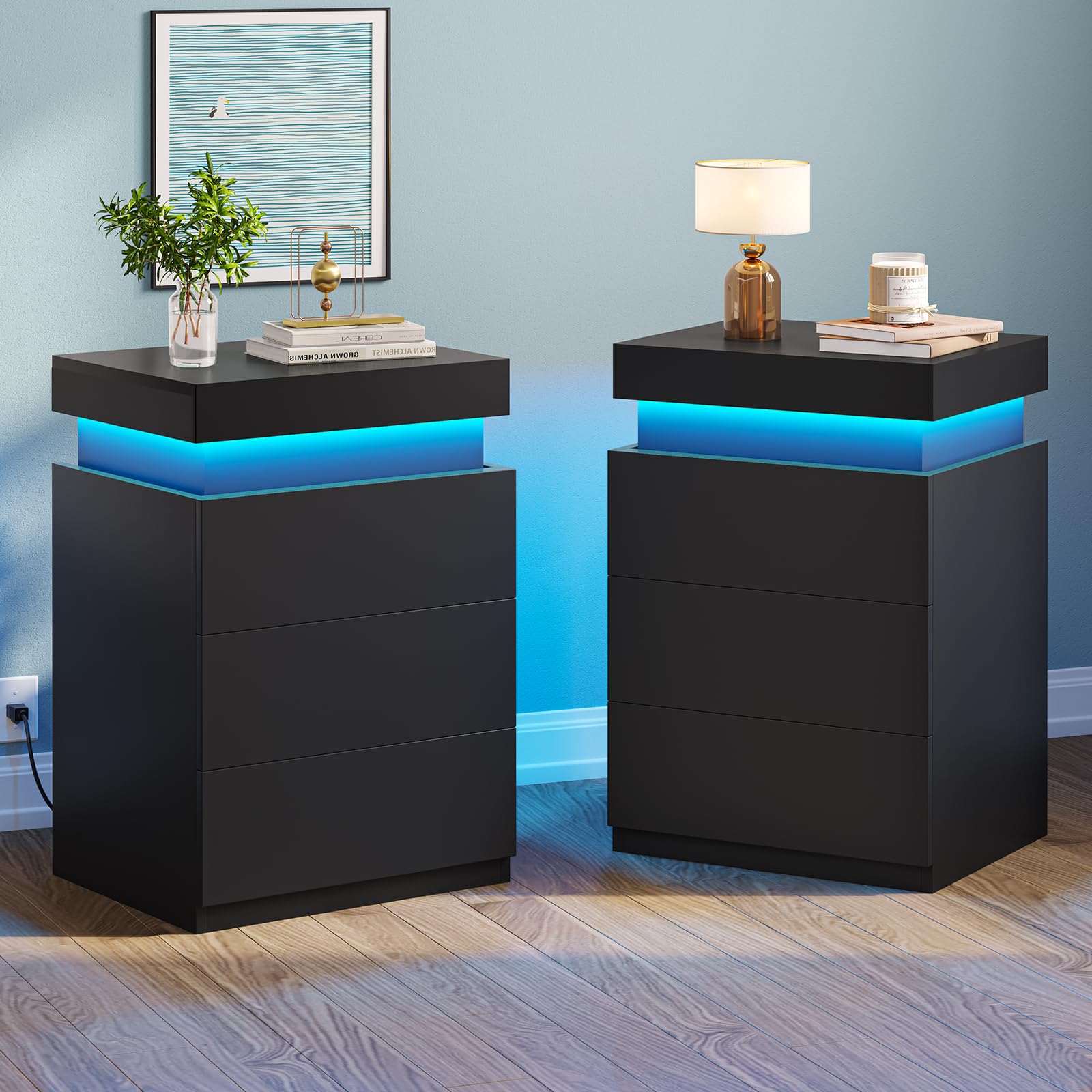 2-Pack LED Nightstands with Charging Station & Power Outlets - Modern Bedside Tables with Sliding Top & Drawers for Bedroom - Black End Side Tables (Perfect for Small Spaces & Apartment Living)