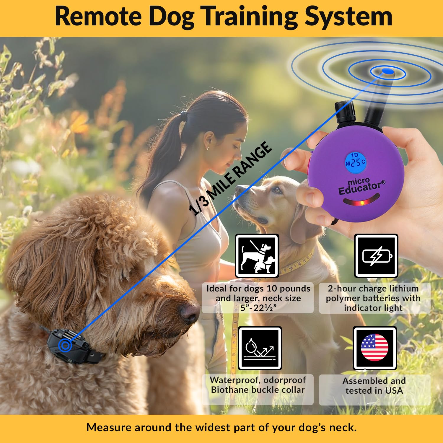 Humane Dog Training Collar with Remote - Educator E-Collar for Small Dogs | 100 Safe Stimulation Levels, Waterproof, Rechargeable, Night Light | 1/3 Mile Range | Perfect for Obedience Training, Behavior Correction & Night Walks (Purple)