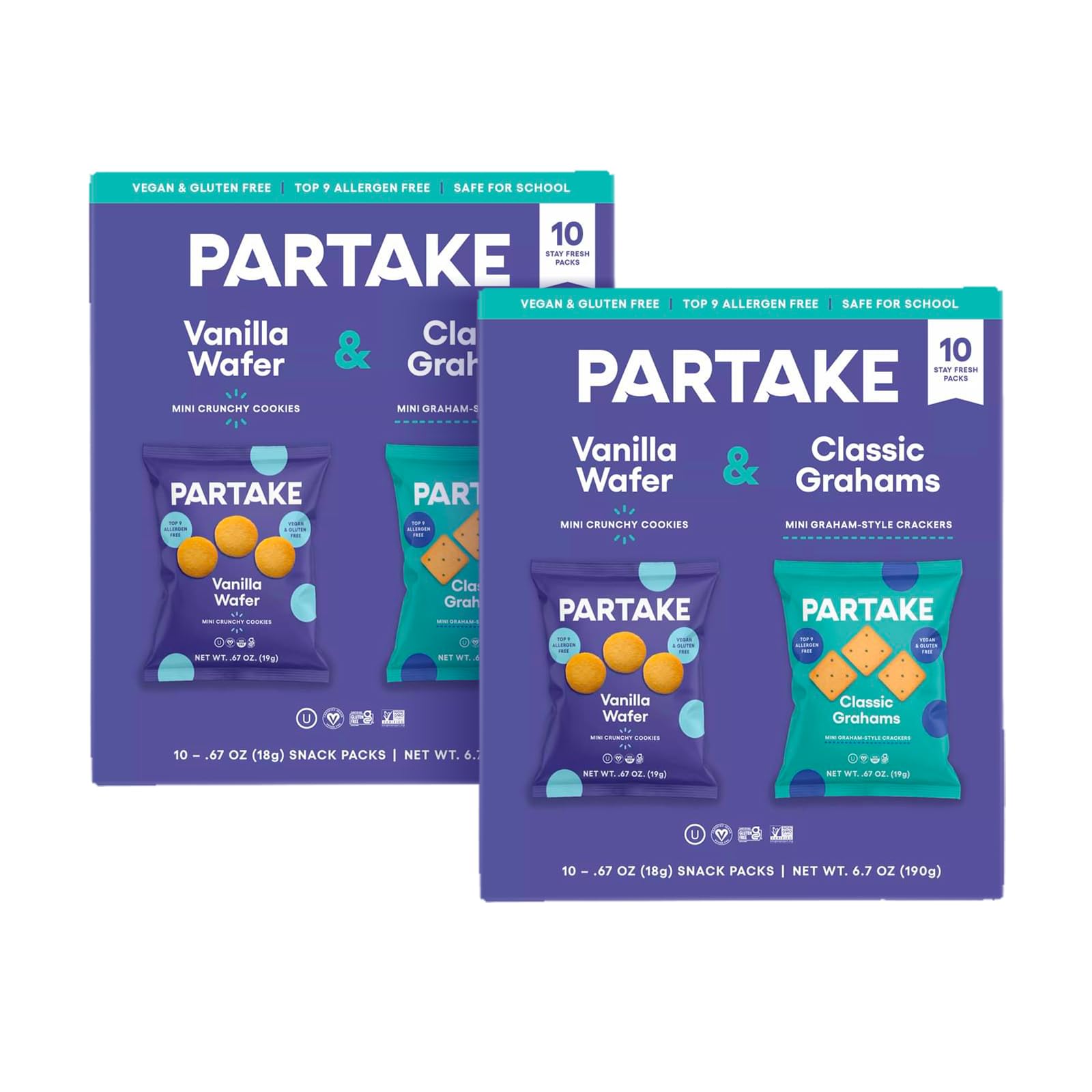 Partake Gluten Free Mini Graham Crackers & Vanilla Wafers - Vegan, Dairy Free, Allergy Friendly Snack Packs (20 Count) | Perfect for School Lunches, Road Trips & On-the-Go Healthy Snacking