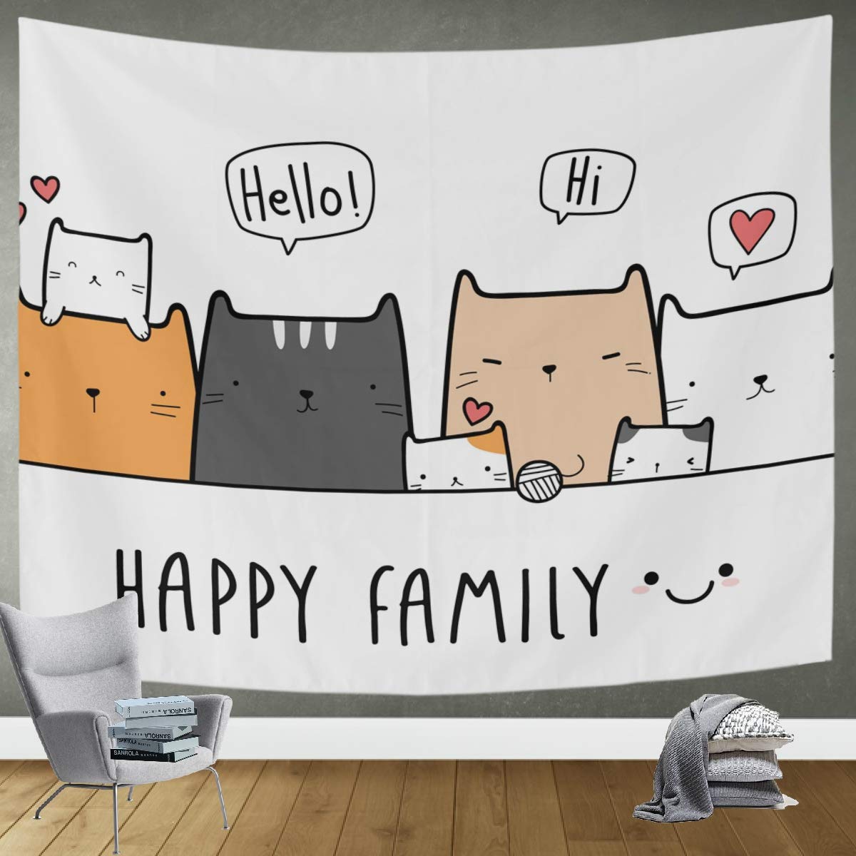 DOMIKING Cute Cat Kitten Wall Tapestry - 60x51in Bohemian Animal Print Wall Hanging for Bedroom & Living Room Decor | Trippy Hippie Aesthetic for Dorm, Home, Festival & Party Backdrop