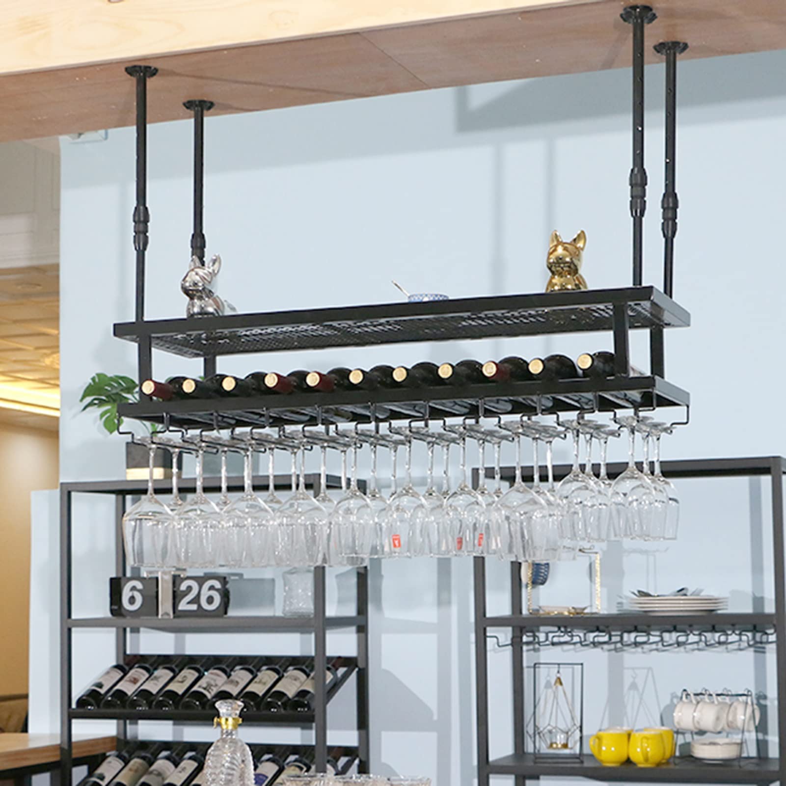 **2-Tier Wrought Iron Ceiling Wine Rack - Hanging Wine Bottle & Glass Holder (80x30cm) - Kitchen Decor & Champagne Stemware Storage - Perfect for Dining Rooms, Bars & Wine Cellars**