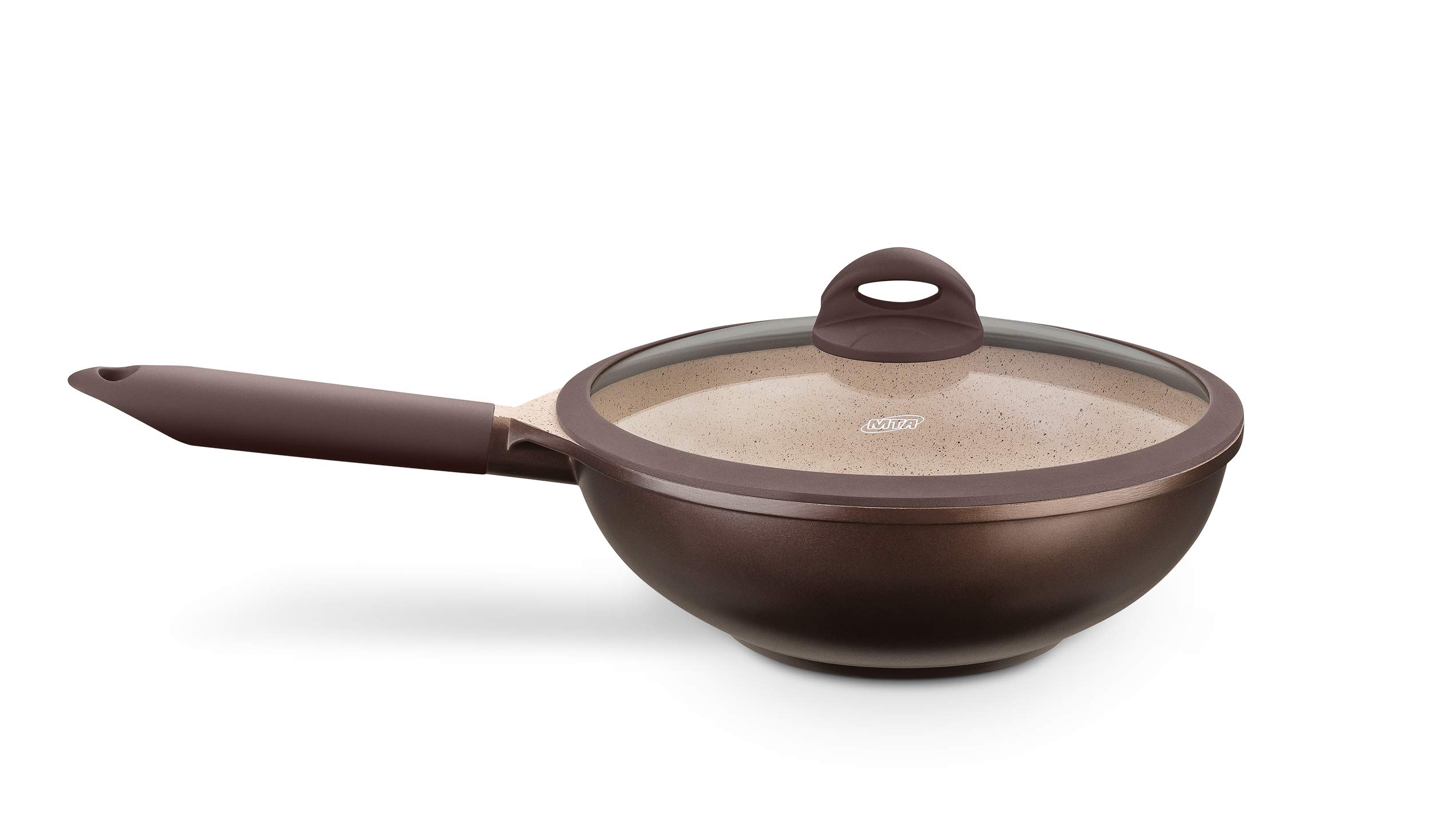 MTA WOK Induction Cookware Set - 28cm/3.8L Belgian Glass Lid Aluminum Pan with Ceramic Coating, Brown - Perfect for Stir Fry, Sauteing & Asian Cooking