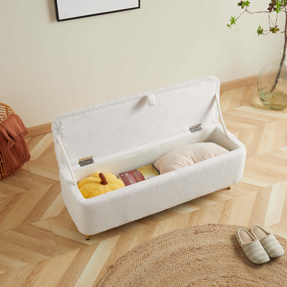 Modern Upholstered Boucle White Storage Bench with Gold Legs - Stylish Ottoman for Bedroom, Living Room & Entryway Decor