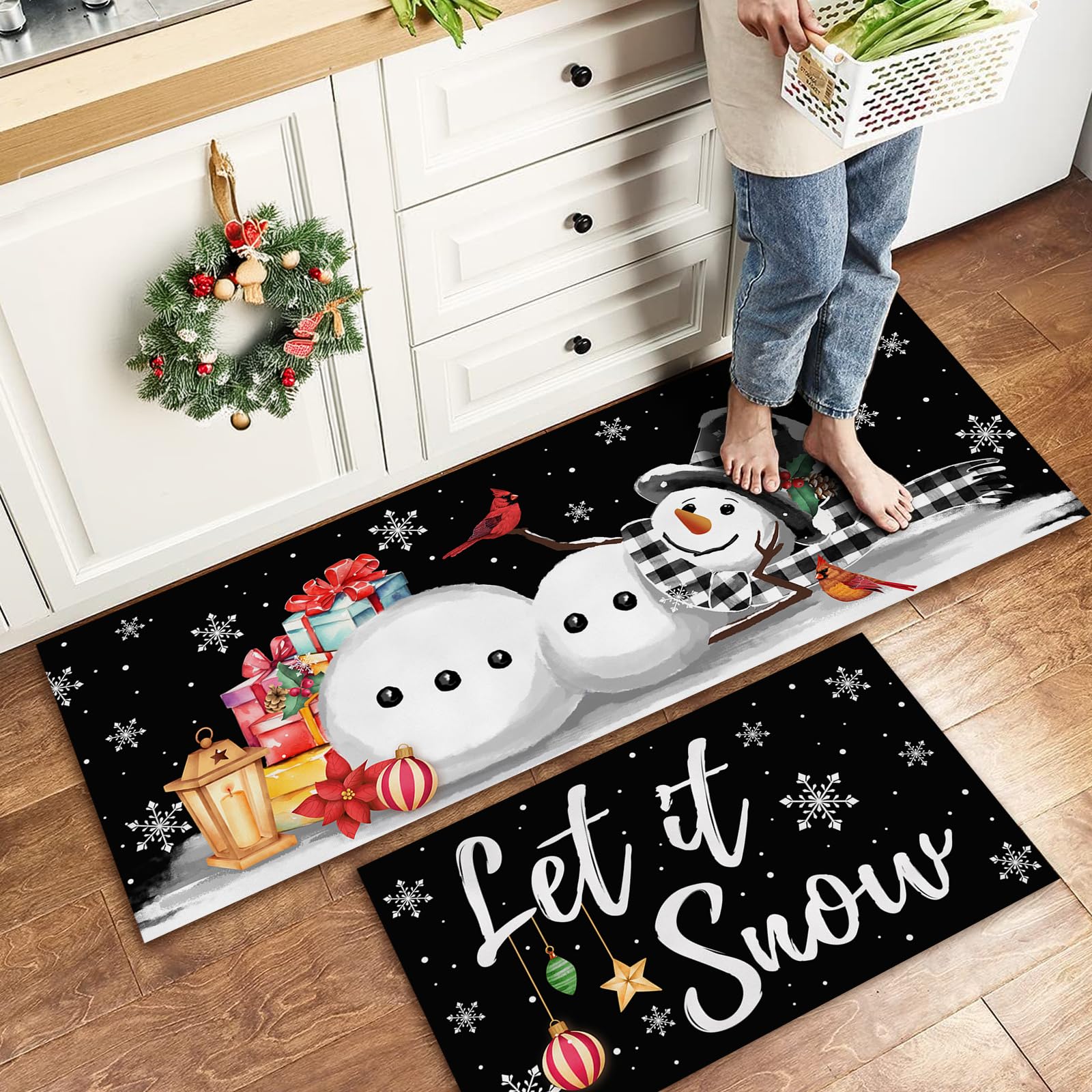 Winter Snowman Kitchen Rugs Set - Non-Slip Christmas Mats for Holiday Decor