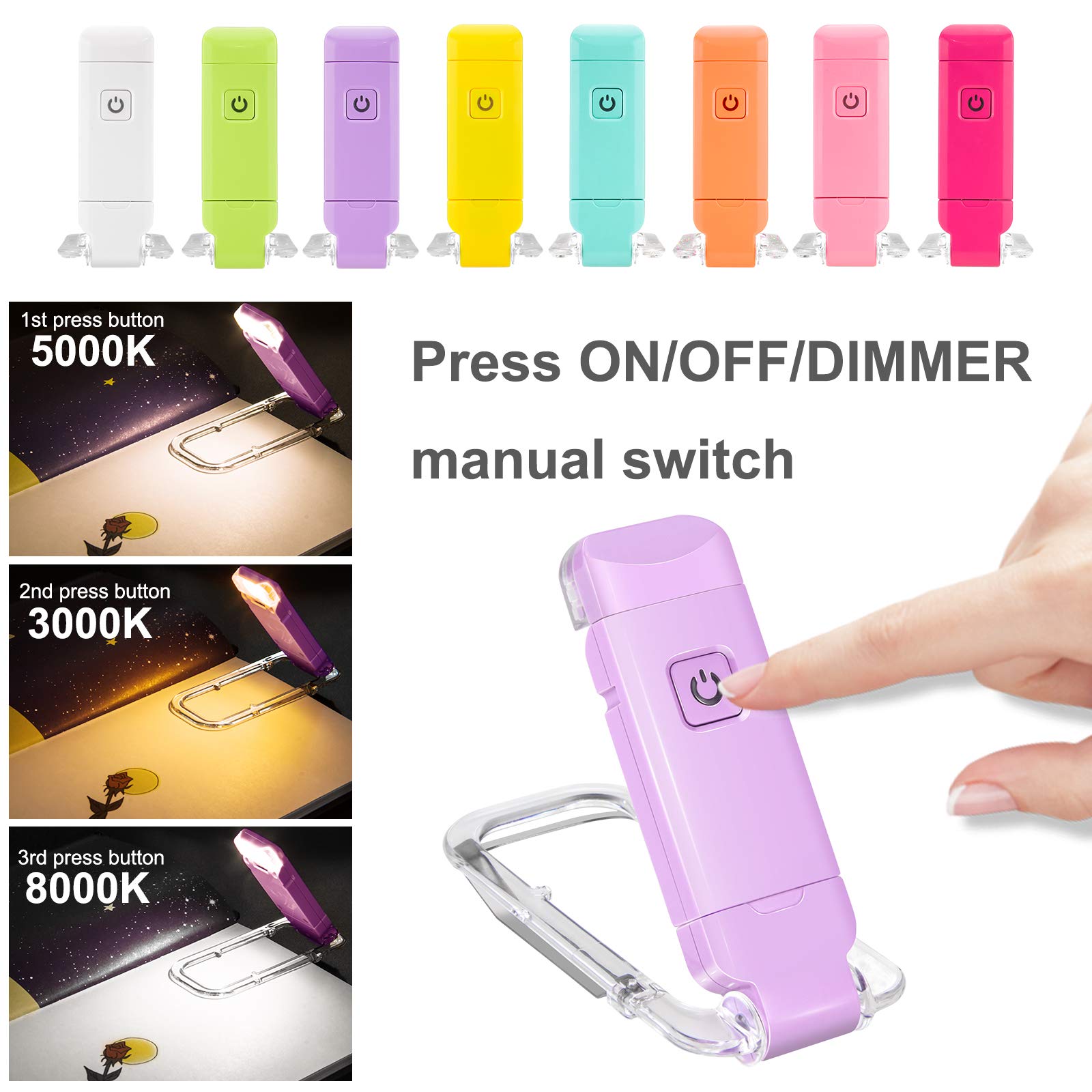 USB Rechargeable LED Book Light with Adjustable Brightness - Clip On Reading Light for Kids & Adults, Eye Protection Bookmark Light for Bedtime Reading, Perfect Gift for Book Lovers (Violet) - Ideal for Night Reading, Studying, Travel and Camping