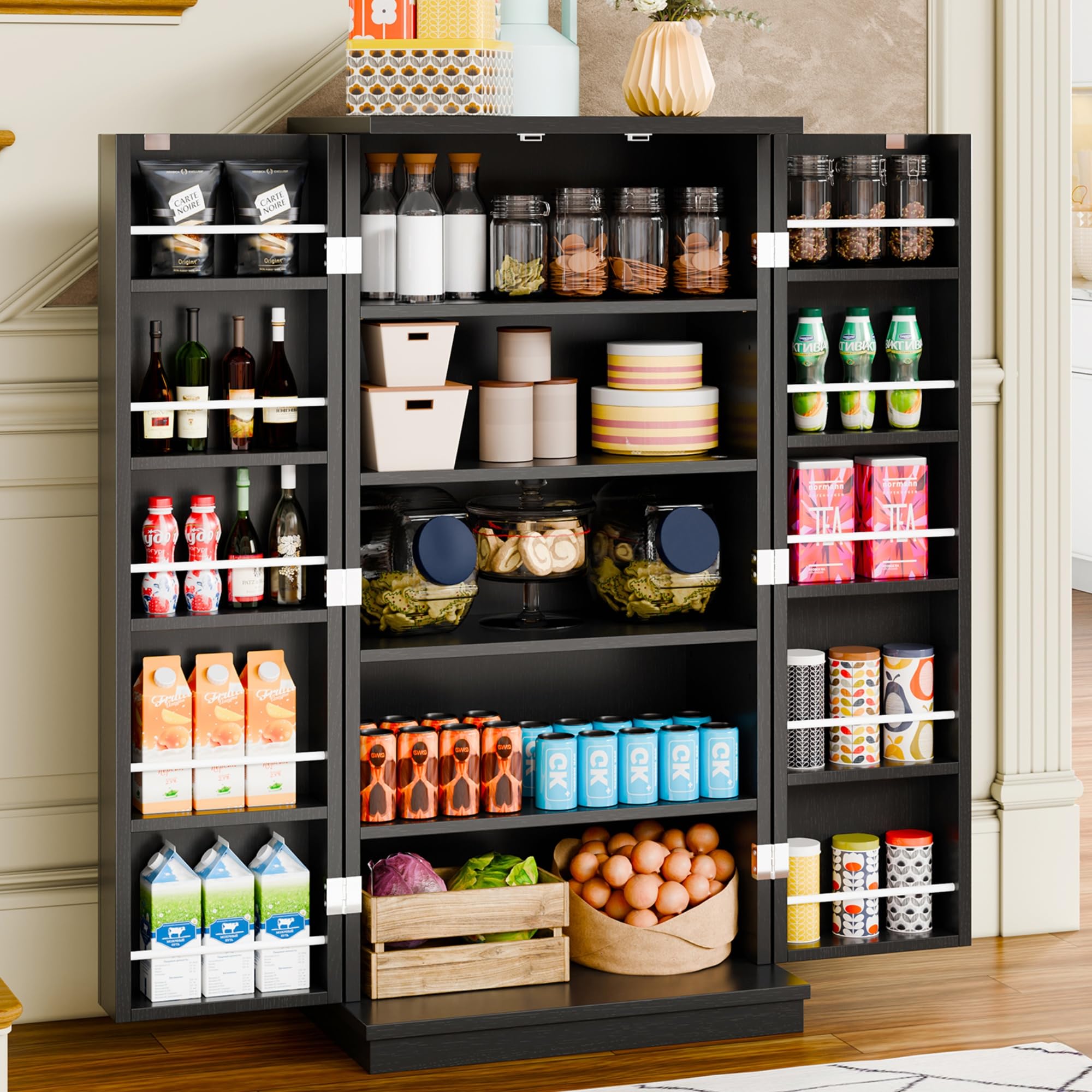 Meilocar 47-Inch Wooden Pantry Cabinet with Adjustable Shelves & Doors - Freestanding Kitchen Storage Cupboard for Pantry, Living Room, Dining Room & Office (Black) | Perfect for Organizing Food, Dishes & Home Essentials