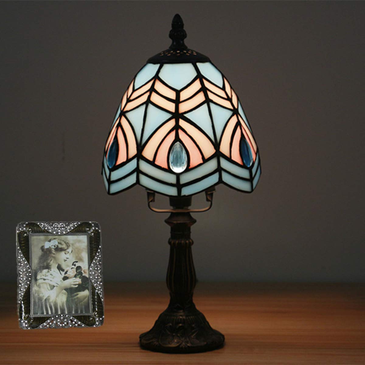 Mini Tiffany Style Table Lamp - Blue Phoenix Stained Glass Bedside Lamp with Zinc Alloy Base | 25W Max E14 Bulb | Perfect for Bedroom, Living Room & Coffee Table Decor