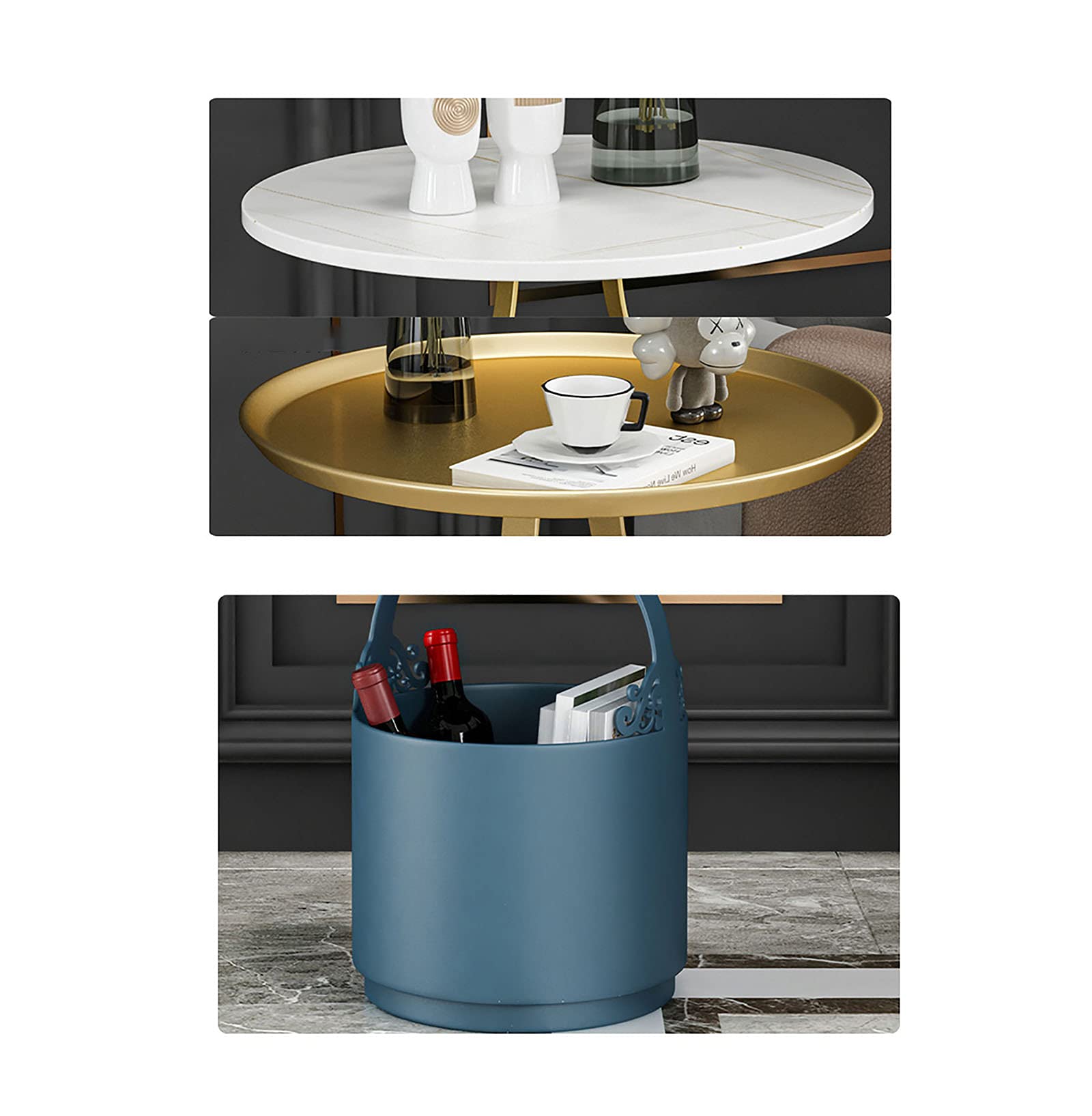 Nordic Modern Luxury Flower Basket Shape Coffee Table Set - Tall & Short Round Side Tables with Marble Gold Metal Base for Living Room, Bedroom, Office Decor