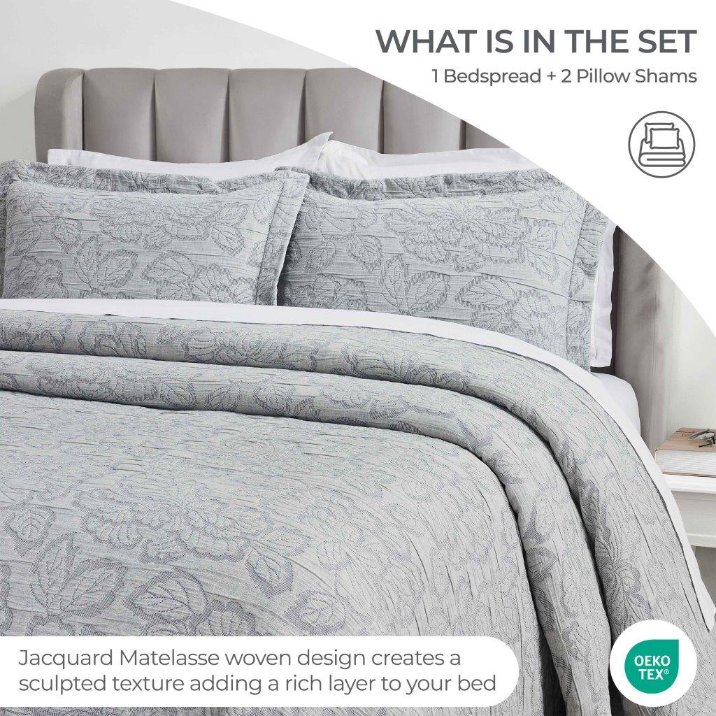 Hibiscus Cotton Medium Weight Matelasse Woven Bedspread and Sham Set - Queen Size, Floral Design, Soft & Breathable - Perfect for Master Bedroom, Guest Room, or Vacation Home Decor