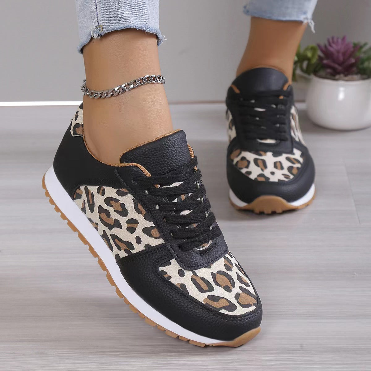 Women's Fashion Leopard Print Lace-Up Sneakers - Casual Running Walking Shoes for Women - Perfect for Gym, Workout, and Everyday Wear