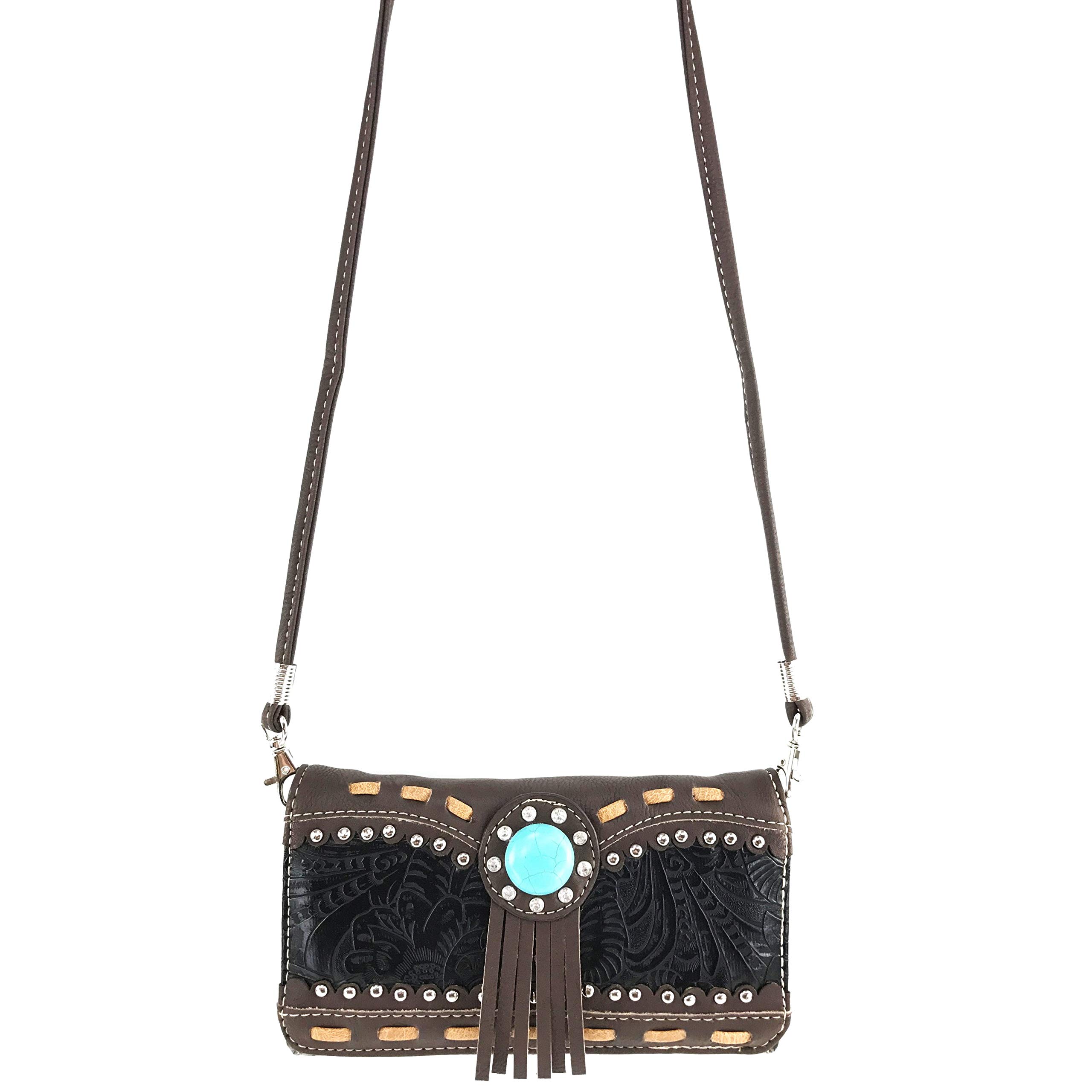 Turquoise Concho Floral Women's Crossbody Trifold Wallet - Stylish & Compact for Everyday Use, Travel, and Shopping
