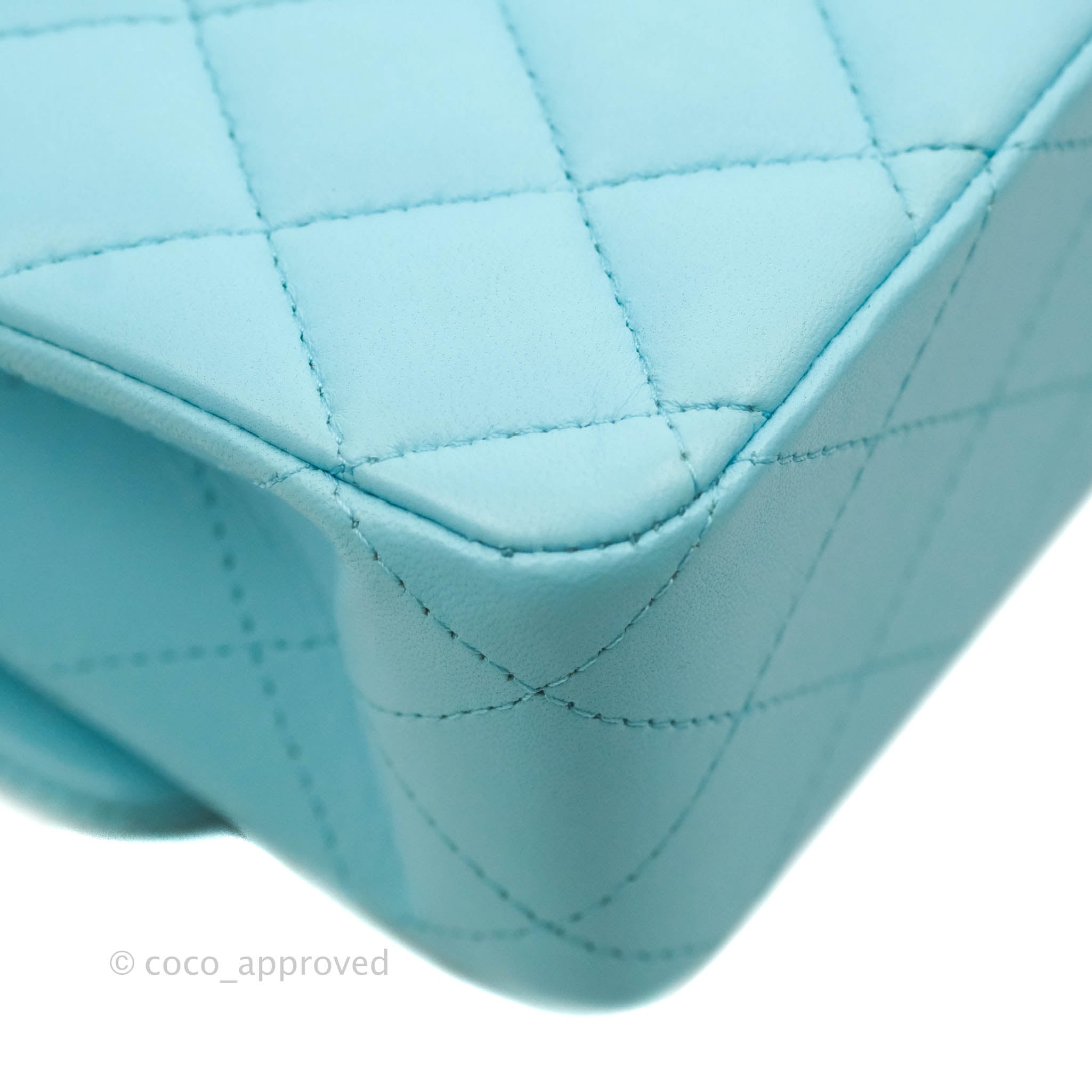 Chanel Classic Medium Double Flap Bag in Tiffany Neon Blue Lambskin with Silver Hardware 21S Collection - Perfect for Evening Events & Luxury Fashion Accessories
