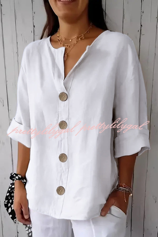 Stylish Solid Color V-Neck Loose Button Down Top for Women - Casual & Office Wear