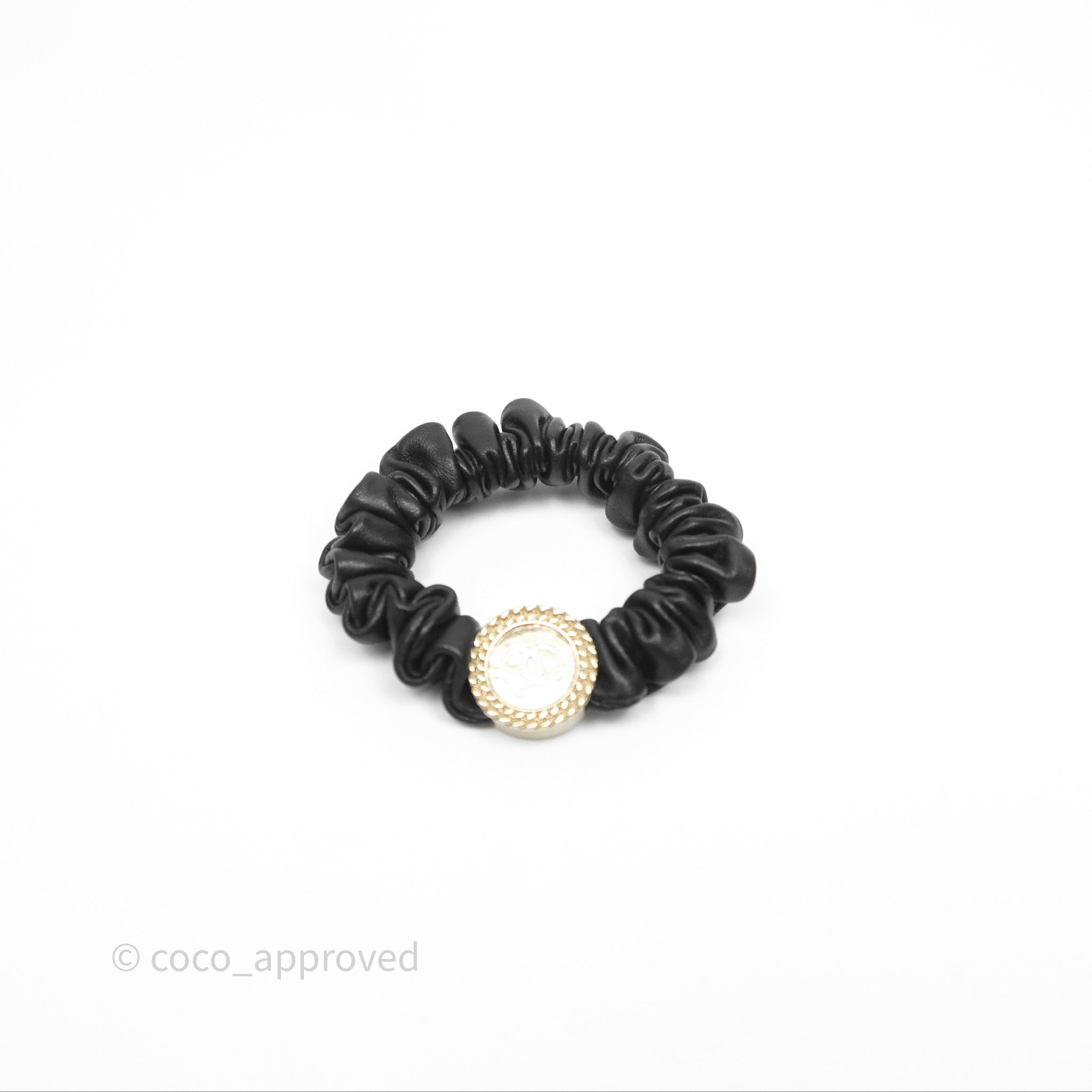 Chanel CC Logo Black Leather Scrunchie Hair Tie with Gold Tone Hardware - Elegant Hair Accessory for Women, Perfect for Parties, Weddings & Everyday Wear
