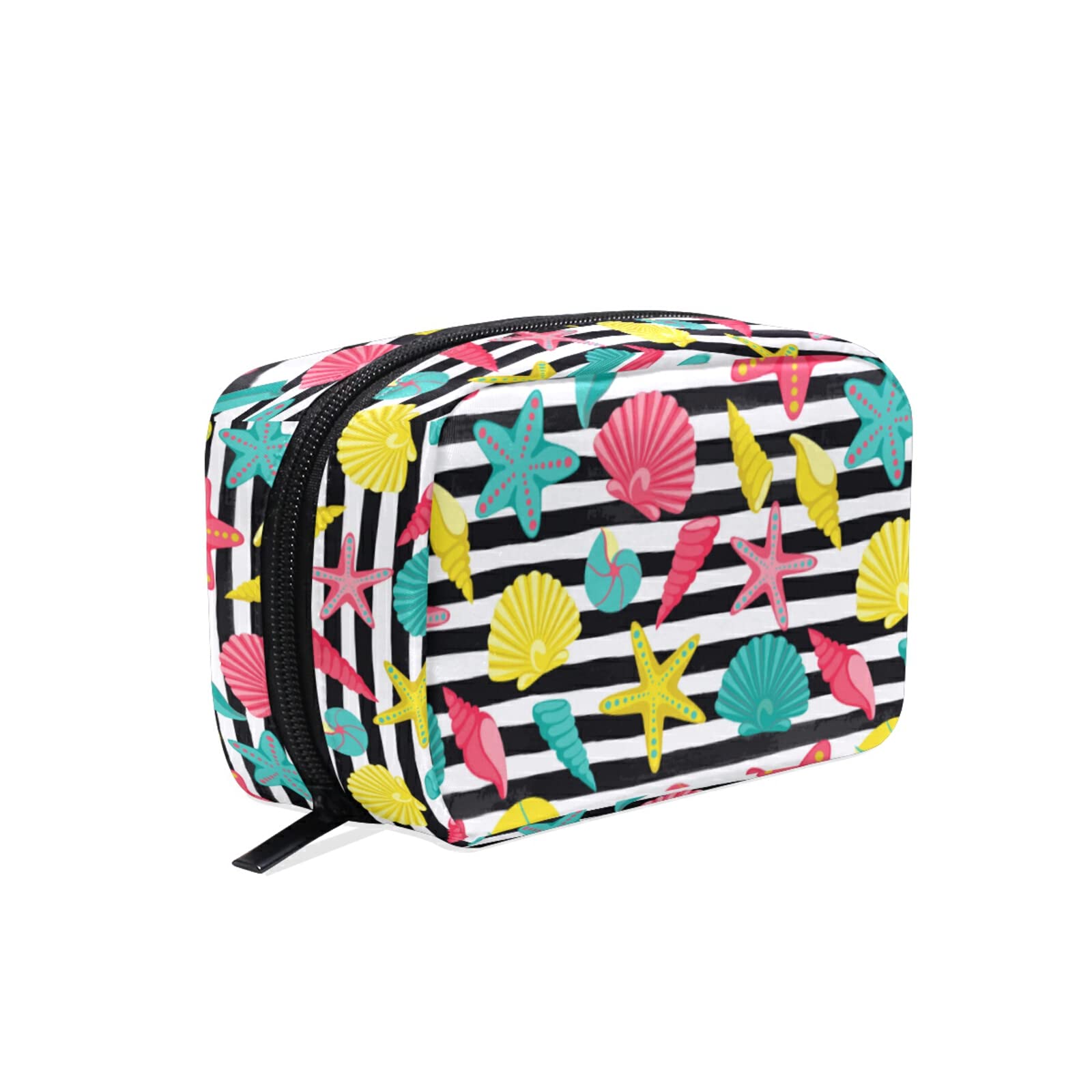 Black Stripes Seashell Print Makeup Bag - Small Zippered Cosmetic Pouch for Women & Girls | Perfect for Travel, Purse Organizer & Daily Essentials Storage