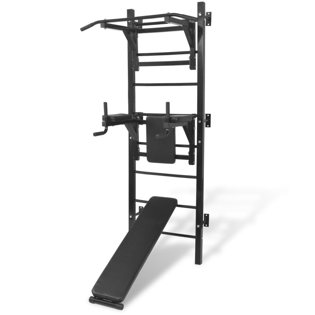 Black Wall Mounted Multi-Functional Fitness Power Tower for Home Gym - Pull Up Bar, Dip Station & Push Up Stand for Strength Training