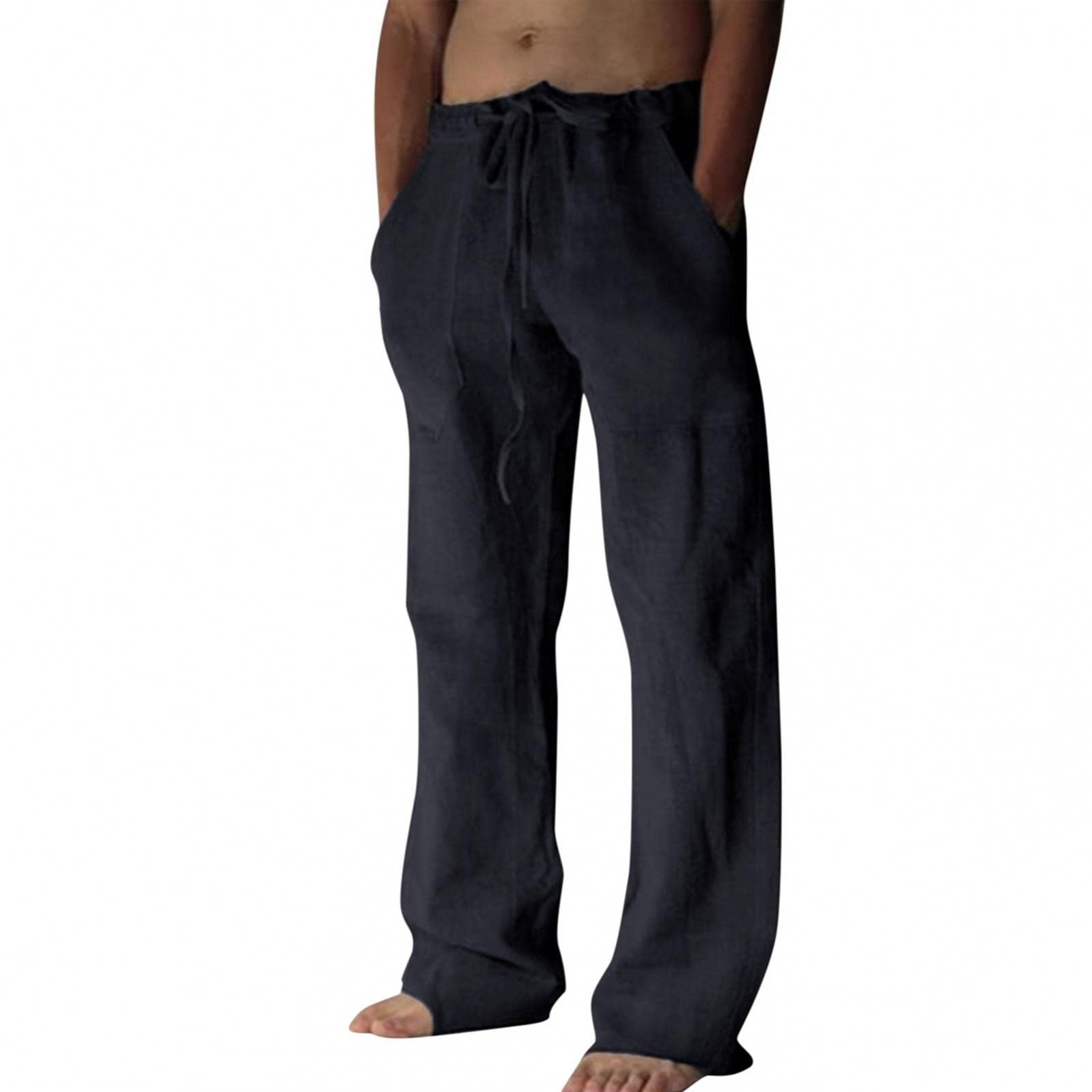 Men's Linen Pants - Breathable Casual Elastic Waist Drawstring Cotton Trousers for Yoga, Lounge & Summer Travel | Comfortable Lightweight Pants for Men