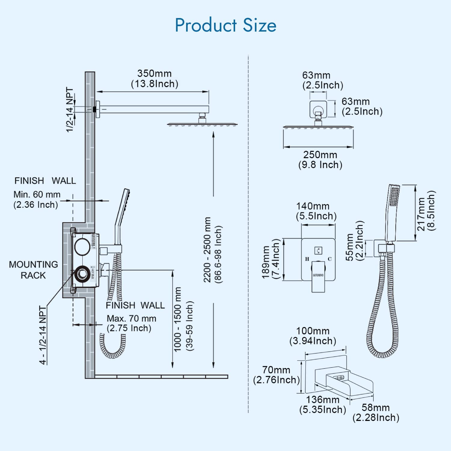 3-Function Matte Black Wall Mount Shower System with Handheld Spray, Waterfall Tub Spout & 10-Inch Rainfall Shower Head - Perfect for Modern Bathroom Renovations and Spa-Like Shower Experiences