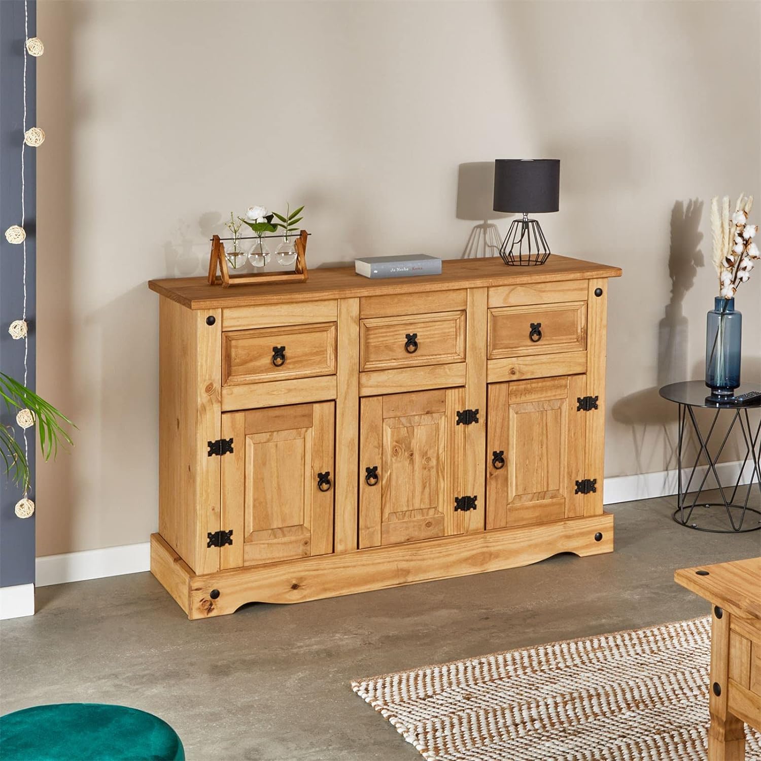 Corona 3-Drawer 3-Door Sideboard - Mexican Style Solid Pine Wood Buffet Cabinet - Perfect for Dining Room Storage & Living Room Decor