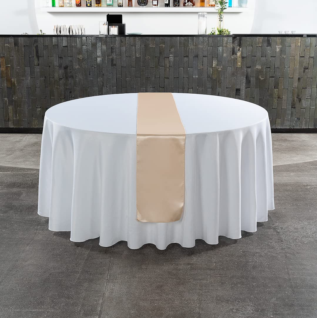 Restaurantware Table Tek 12 x 108 Inch Satin Table Runners - Set of 10 Machine Washable Decorative Sand Polyester Table Runners for Weddings, Parties, Events & Banquets - Perfect for Dining Tables, Buffets, and Reception Decorations