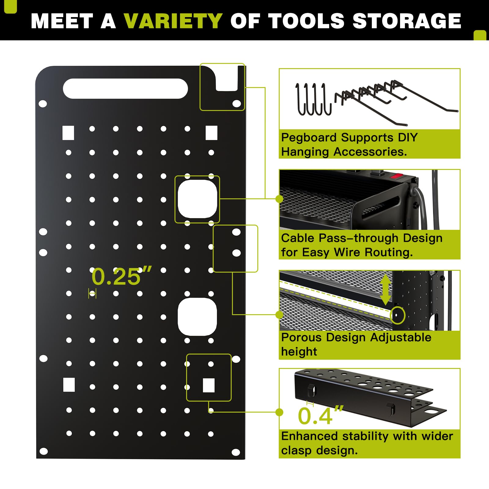 Wall Mounted Power Tool Organizer with Charging Station - 8 Drill Holder & 4 Layer Storage Rack for Garage Organization - Includes 8 Outlet Power Strip (Black) | Perfect for Workshop, Garage & DIY Projects