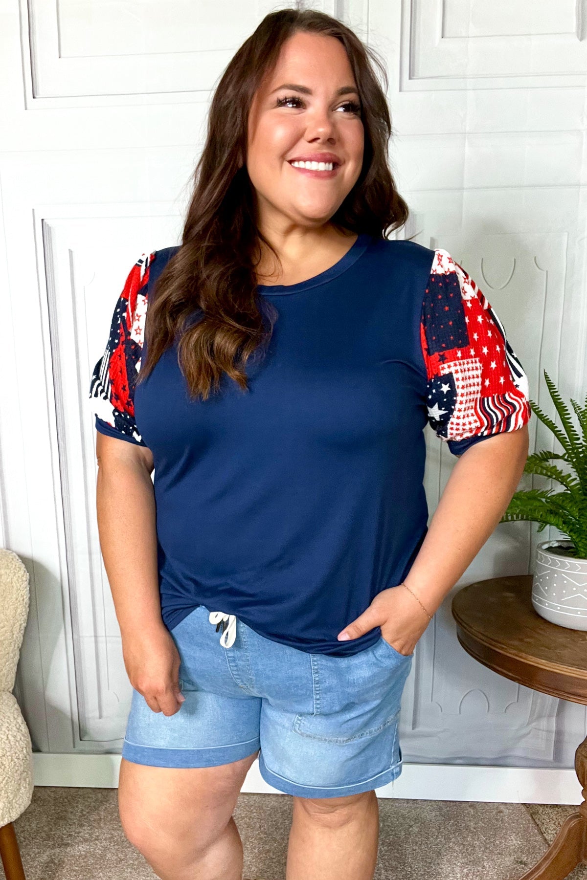 Stylish Navy Patriotic Patchwork Puff Sleeve Top for Women - Perfect for Holiday Parties & 4th of July Celebrations