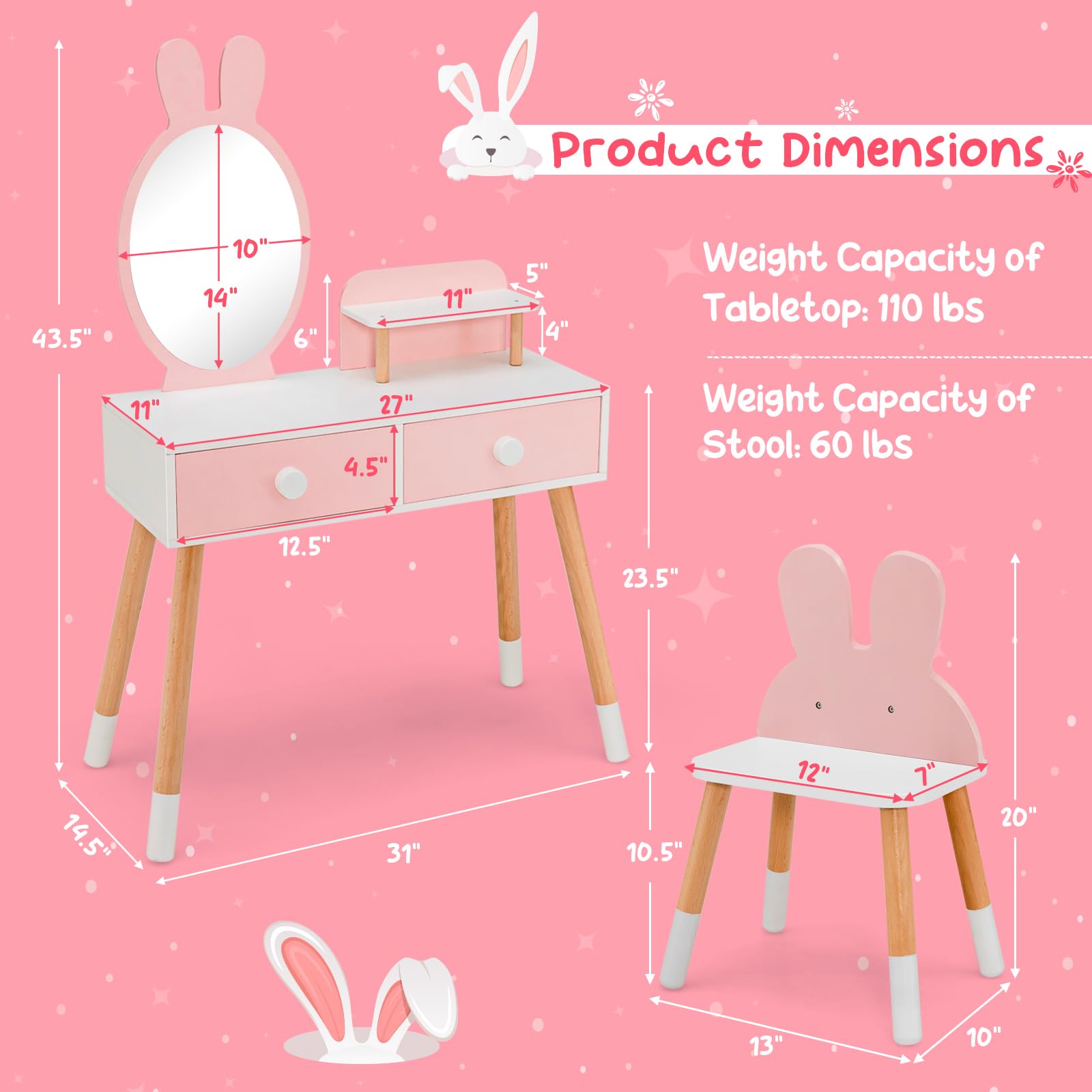 Costzon Pink Wooden Princess Vanity Set for Girls with Mirror, Stool & Storage - Kids Makeup Dressing Table with 2 Large Drawers & Shelf - Pretend Play Toy for Toddlers (Perfect for Birthday Gifts & Bedroom Decor)