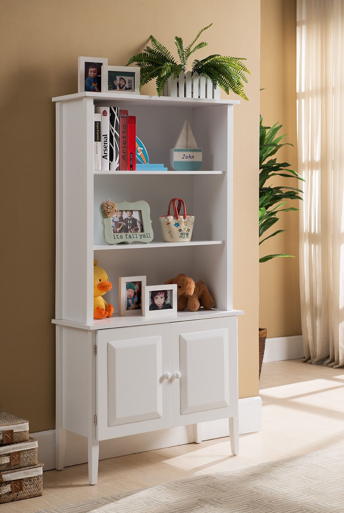 Kings Brand White Wood Bookcase with Doors - Stylish Storage for Home Office, Living Room & Bedroom - Solid Wood Bookshelf for Organizing Books, Decor & Essentials