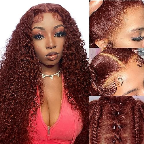 20inch Auburn Deep Wave Human Hair Wig with 13x4 HD Lace Frontal - 150% Density Reddish Brown Curly Wig with Baby Hair & Pre-Plucked Hairline for Women | Perfect for Cosplay, Daily Wear & Special Occasions