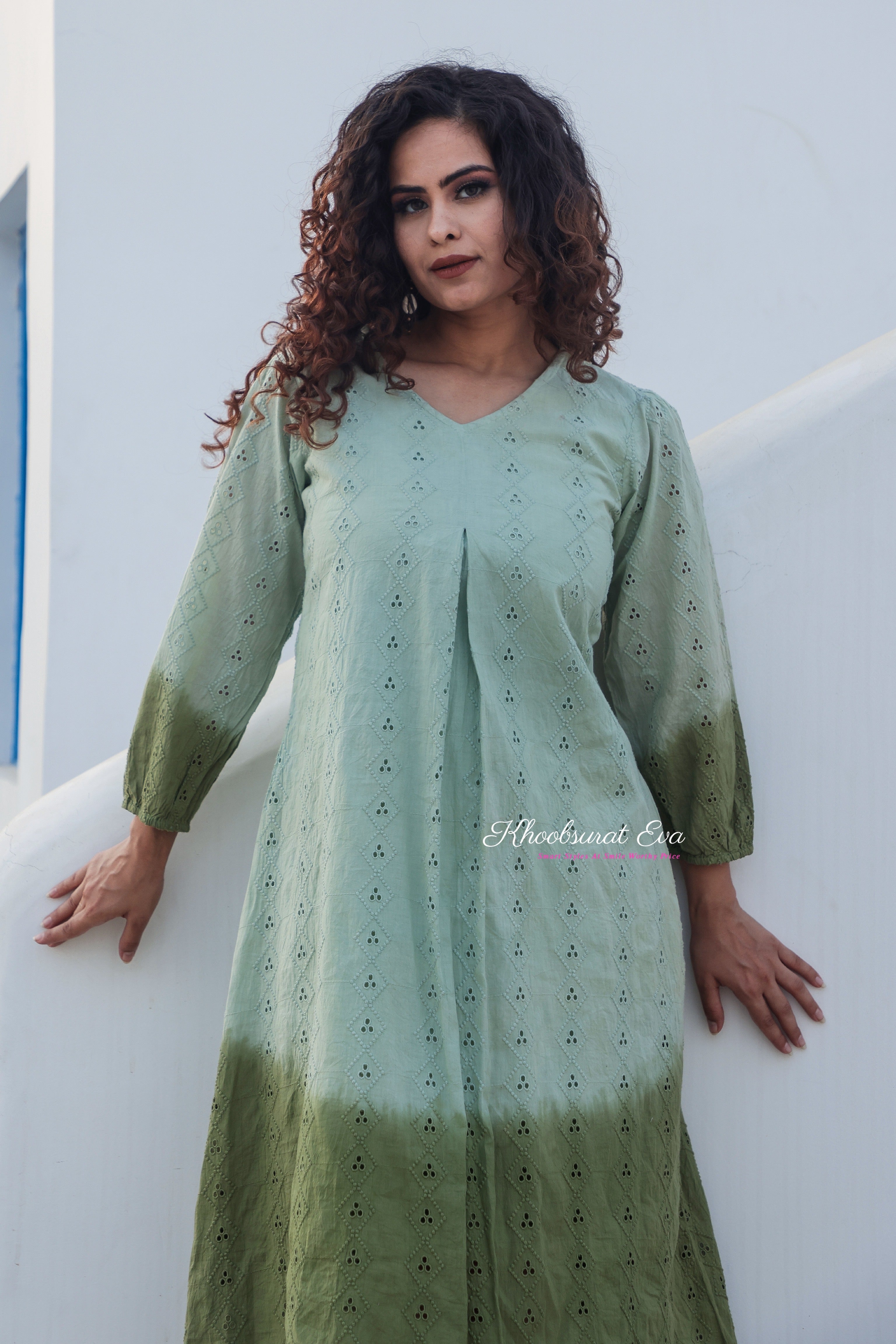 Pista Green Embroidery Ombre Dress for Women - Elegant Floral Summer Maxi Dress for Beach, Wedding & Special Occasions