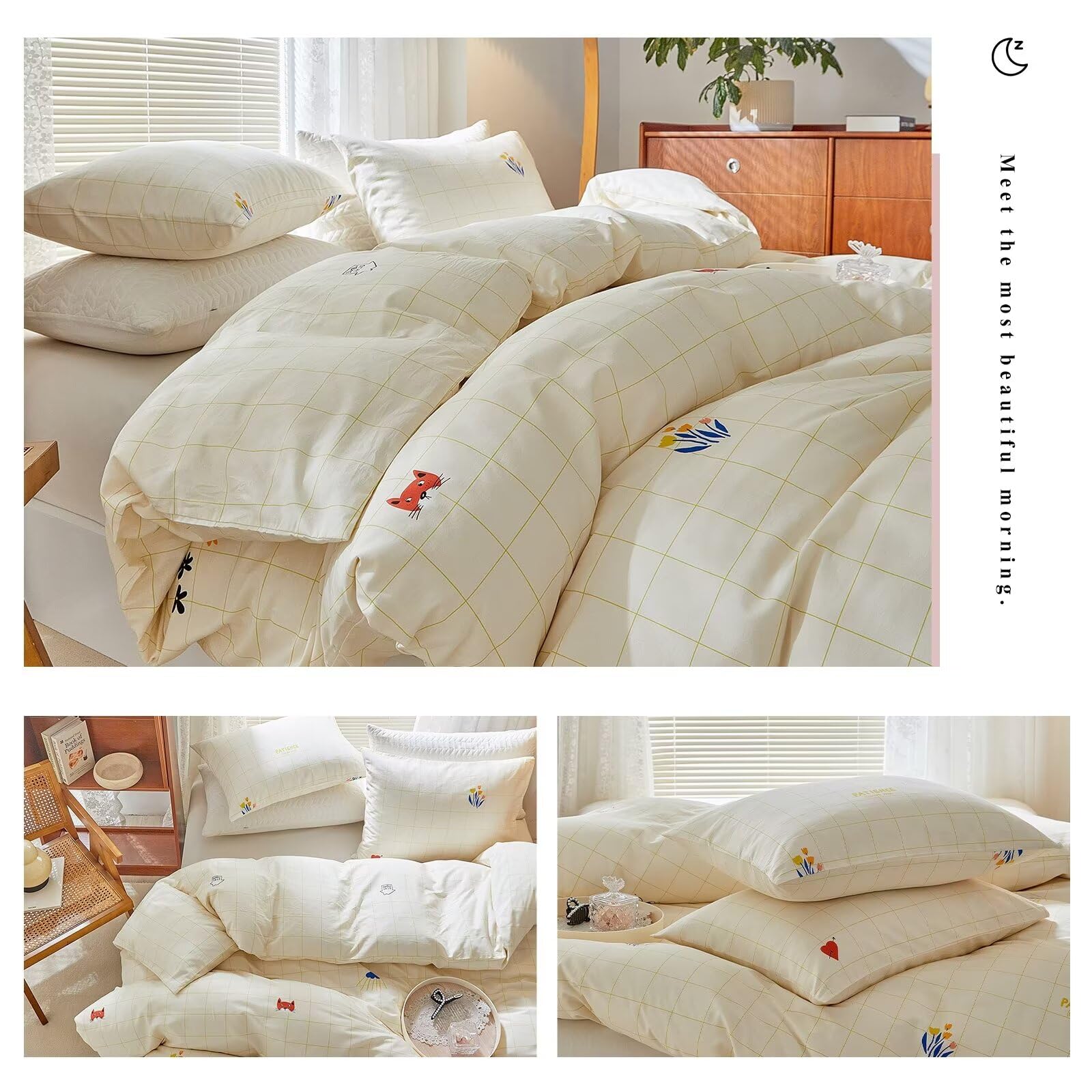 BuLuTu 100% Cotton Plaid Duvet Cover Twin Size - Beige Geometric Grid Pattern Kids Bedding Set with Zipper Closure & Corner Ties | Soft Breathable Comforter Cover for Girls' Room Decor & Teen Bedroom