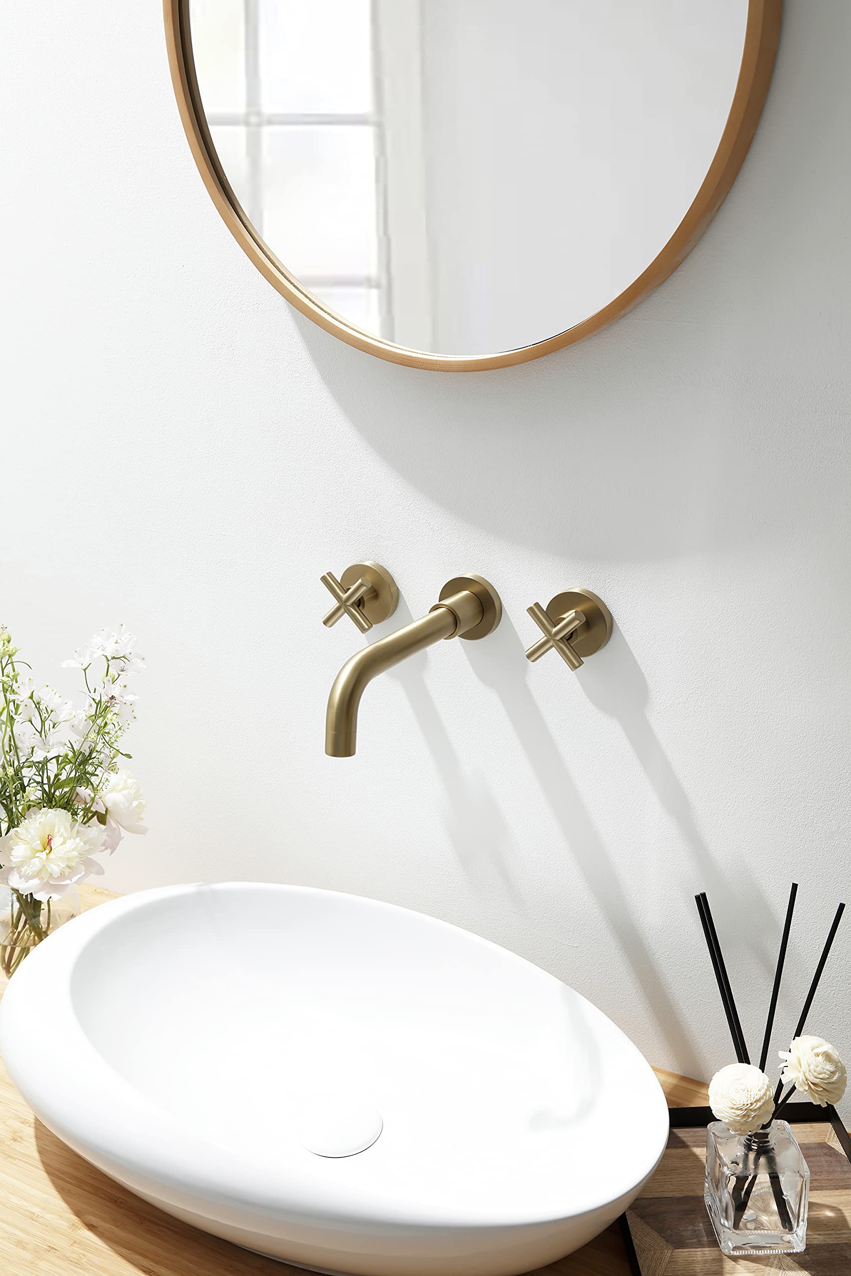 Stylish SITGES Gold Wall Mount Bathroom Faucet - Double Handle Bathroom Sink Faucet with Rough-in Valve - Vintage Gold Finish for Modern & Classic Bathrooms - Perfect for Home Renovation & Hotel Upgrades