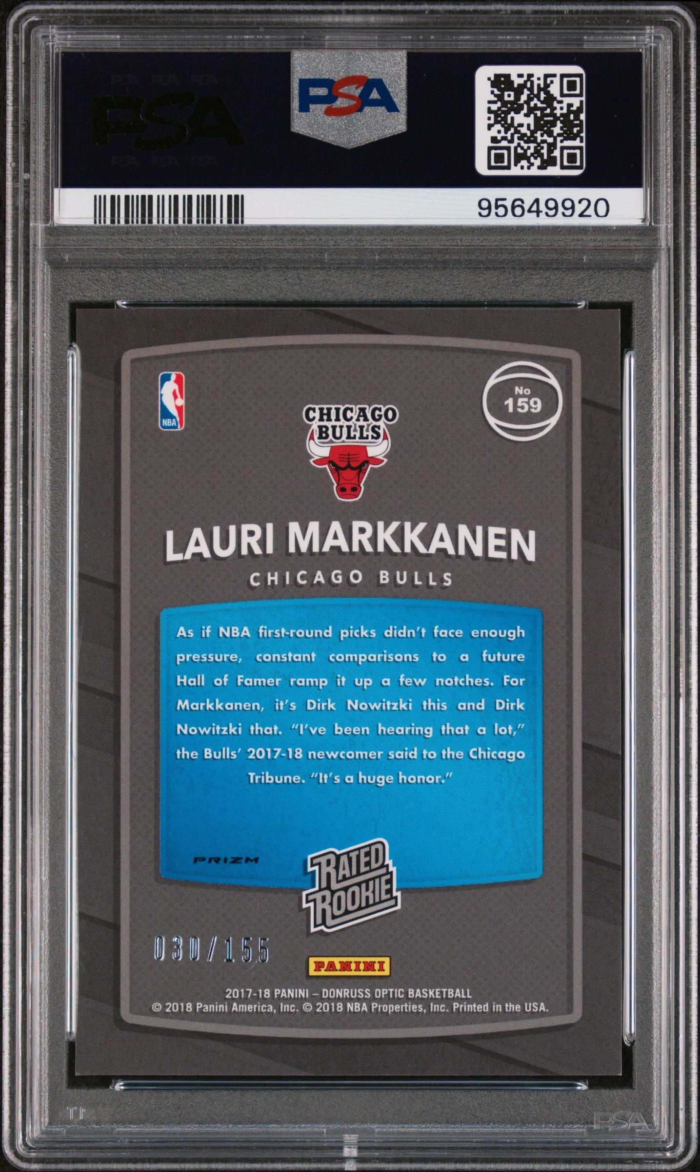 2017 Donruss Optic Lauri Markkanen Rated Rookie Purple Disco 030/155 #159 PSA 8 - Rare Basketball Trading Card for Collectors & Investors - Perfect for Display, Trading, or Investment Portfolio