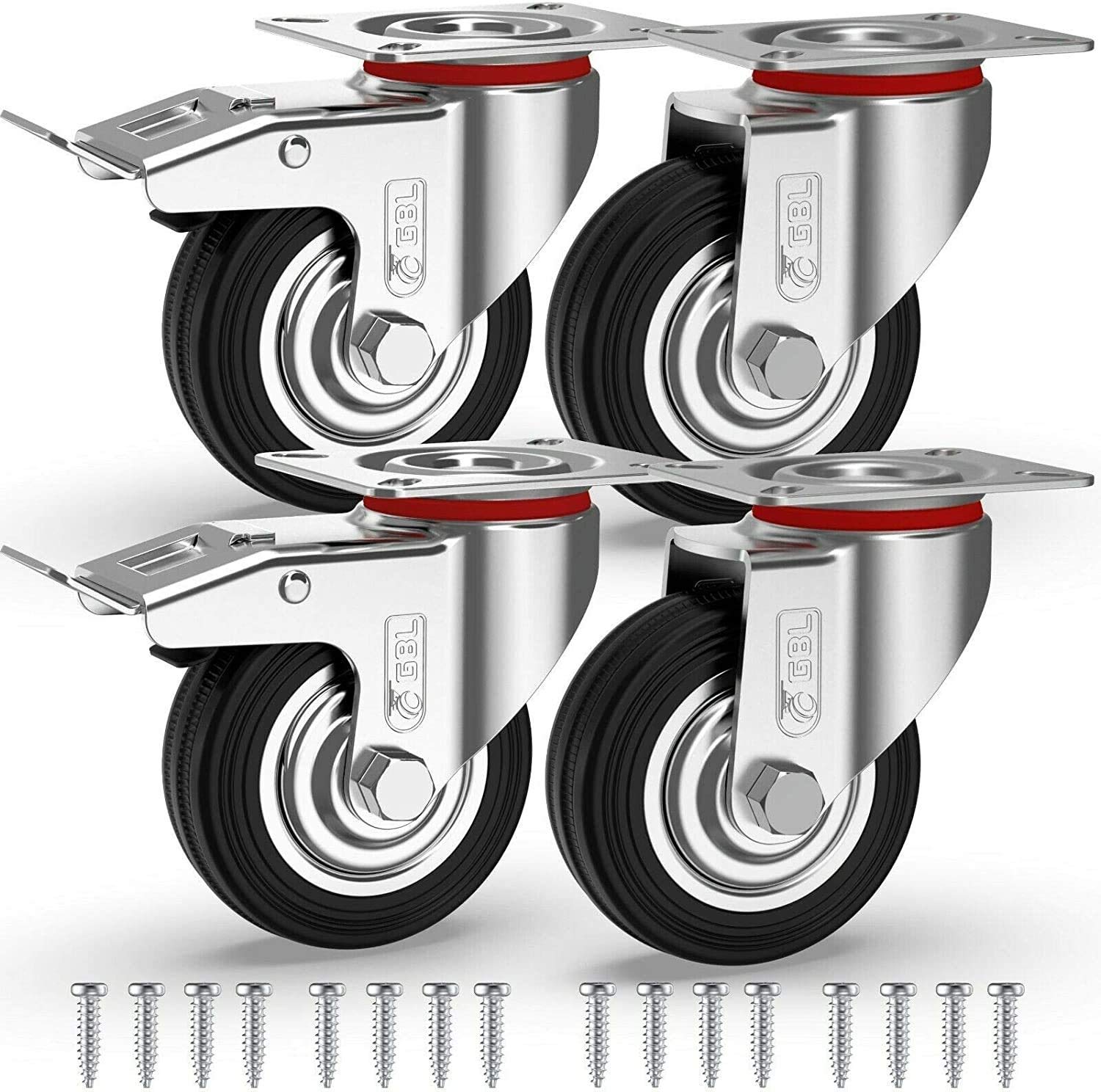 GBL 3'' Heavy Duty Caster Wheels with 2 Brakes & Screws - 440Lbs Capacity - Set of 4 Silent Rubber Furniture Casters - No Floor Marks - Silver Trolley Wheels for Workbenches, Cabinets, and Industrial Equipment