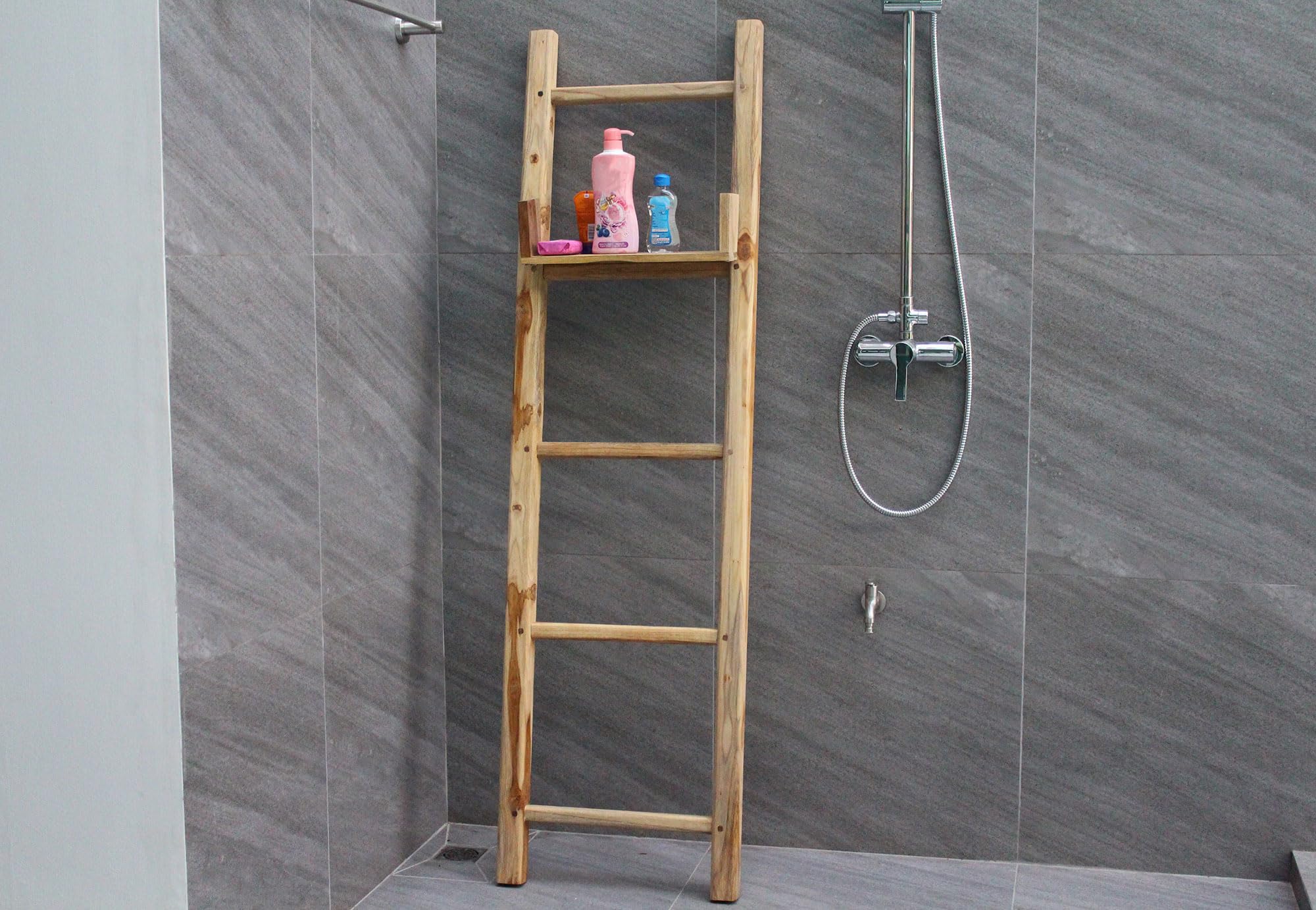 Haussmann® 18 x 64 Inch Adjustable Shelf Teak Wood Bathroom Towel Ladder - Rustic Home Decor for Spa, Sauna & Luxury Bathroom Organization