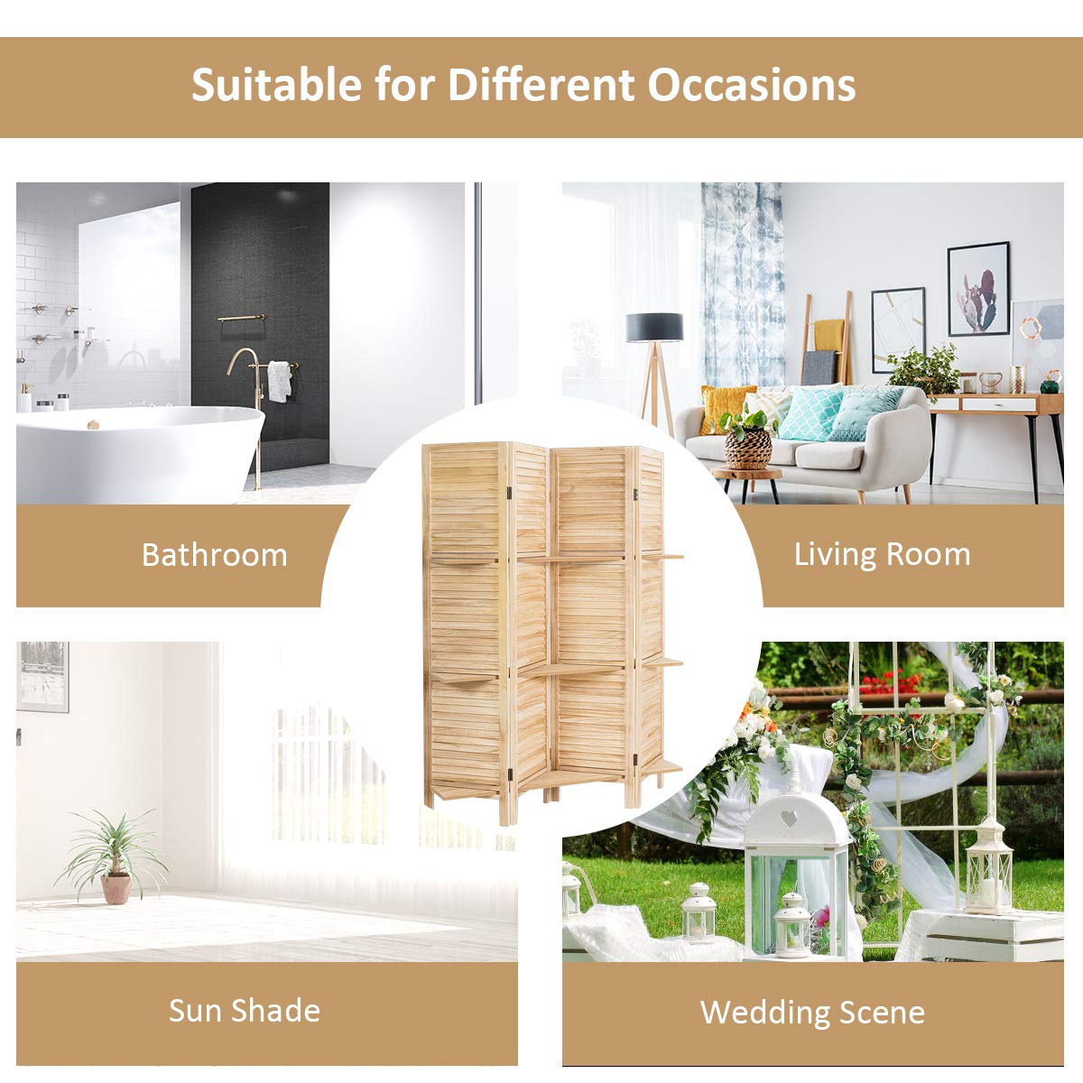 Giantex 4-Panel Room Divider with Shelves - 5.6Ft Foldable Privacy Screen & Partition Wall - Natural Wood Finish - Perfect for Home Office, Bedroom Separation, and Studio Privacy