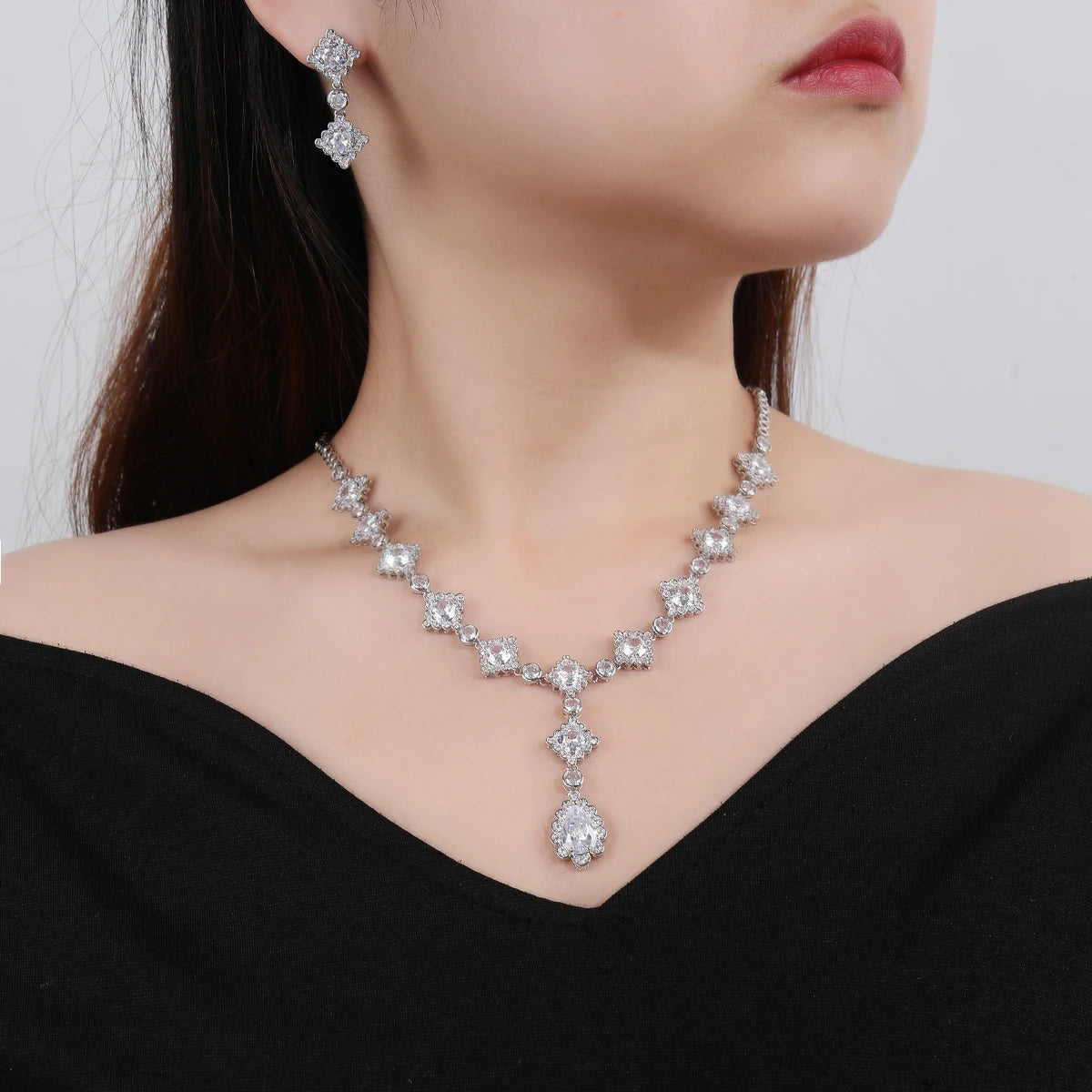 Luxury Women's Zirconia Necklace & Earrings Set - Silver Tone Pink & Green Bridal Jewelry for Wedding, Party & Special Occasions CN11065