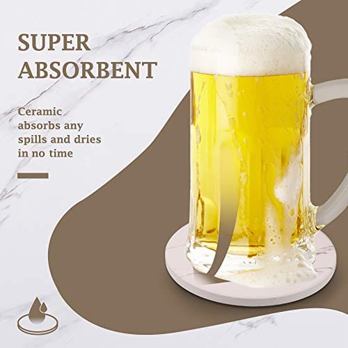 Premium Absorbent Ceramic Drink Coasters Set of 6 - Non-Slip Cork Base with Elegant Marble Surface & Metal Holder Stand - Perfect for Coffee Tables, Dining Tables, and Home Decor - White