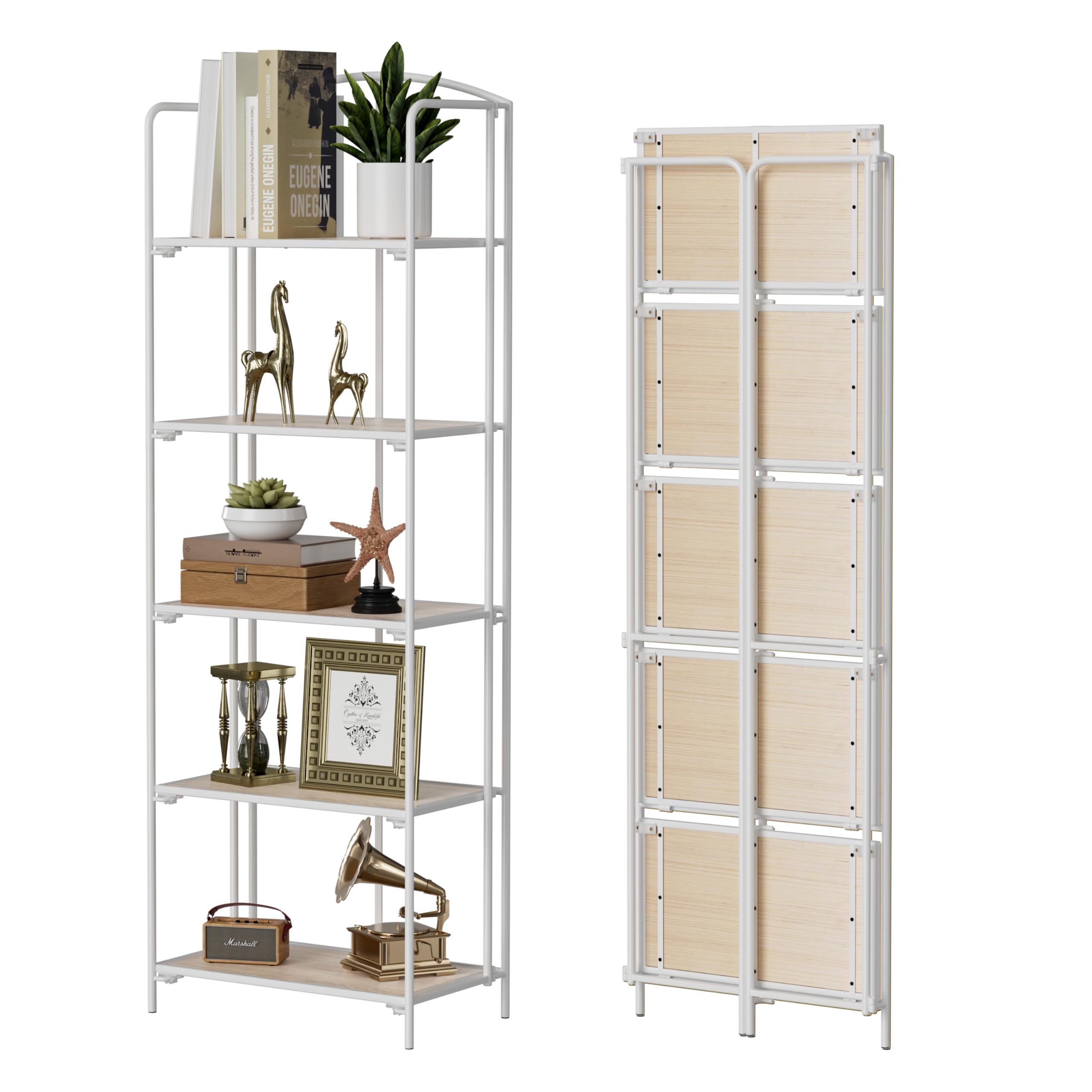 Crofy 5-Tier No Assembly Folding Bookshelf - White Collapsible Bookcase for Living Room, Home Office & Bedroom - Portable Storage Organizer for Books, Decor & Essentials | Space-Saving Solution for Small Apartments & Dorm Rooms