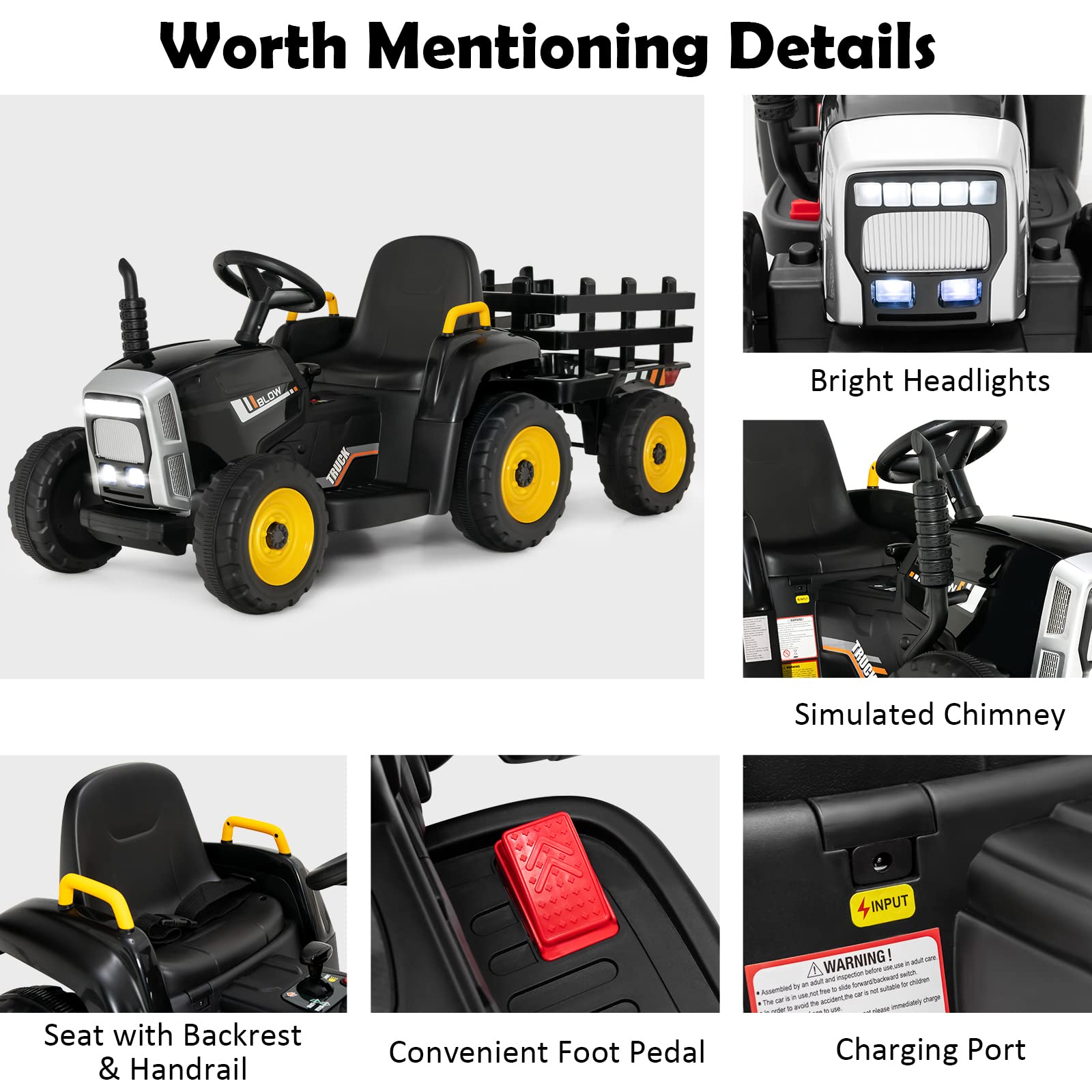 **HONEY JOY 12V Kids Electric Ride-On Tractor with Trailer - 3-Speed Gear Shift, LED Lights, Horn & Music - Battery-Powered Remote Control Toy Car for Boys & Girls (Black) - Perfect for Outdoor Play & Farm-Themed Adventures**