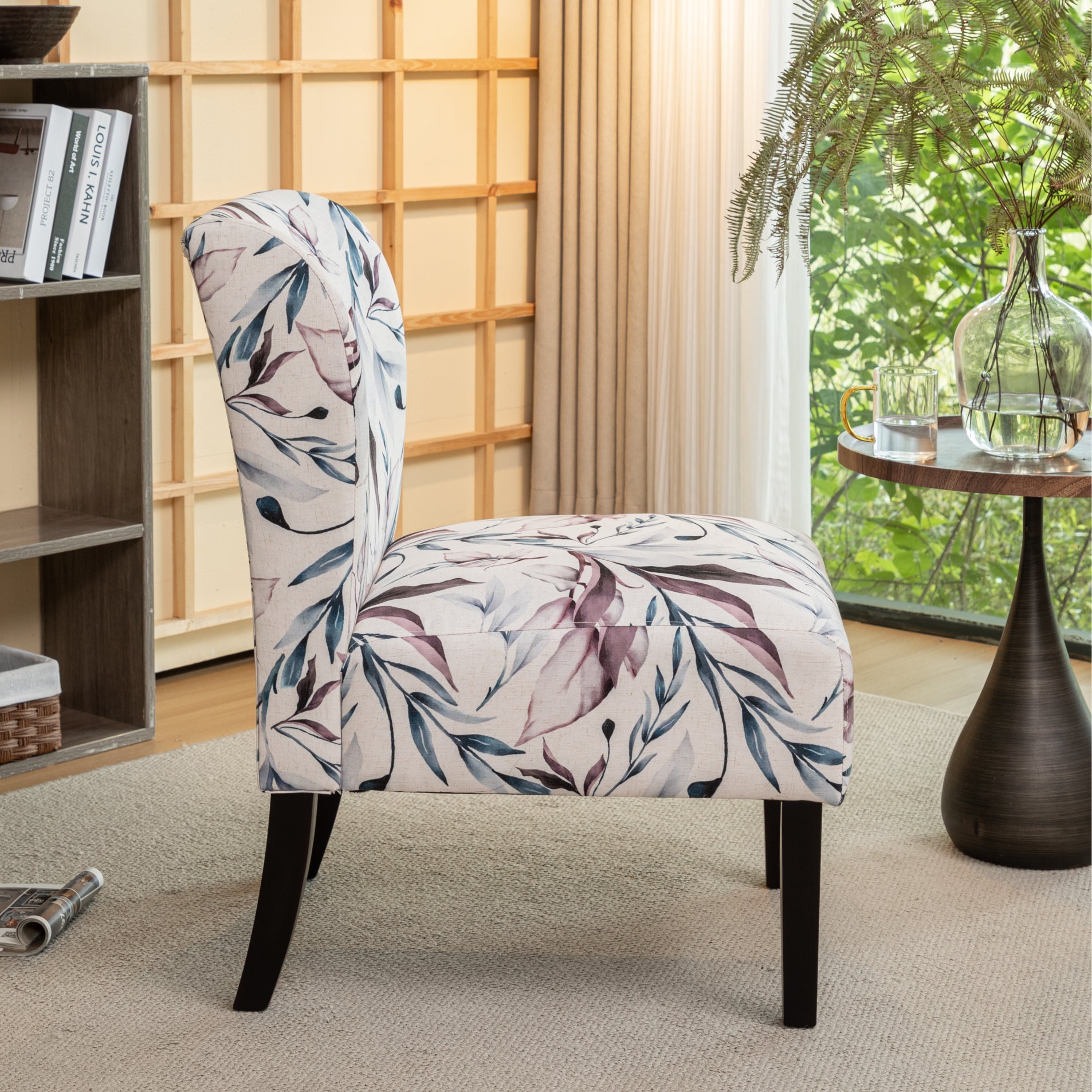 Roundhill Furniture Capa Fabric Armless Contemporary Accent Chair - Purple Floral Design, Modern Living Room Decor, Perfect for Reading Nook or Bedroom Sitting Area