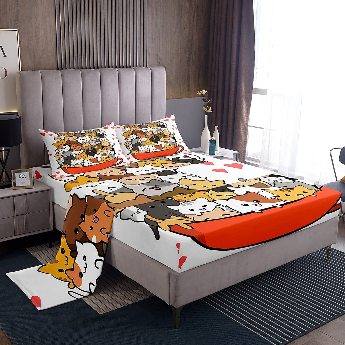 Cute Cat Fitted Sheet Set - Kawaii Cartoon Animal Twin Bed Sheets for Kids & Teens | Soft Warm Cat Pattern Lightweight Flat Sheet - Perfect for Room Decor & Cat Lover Gifts (Boys & Girls)