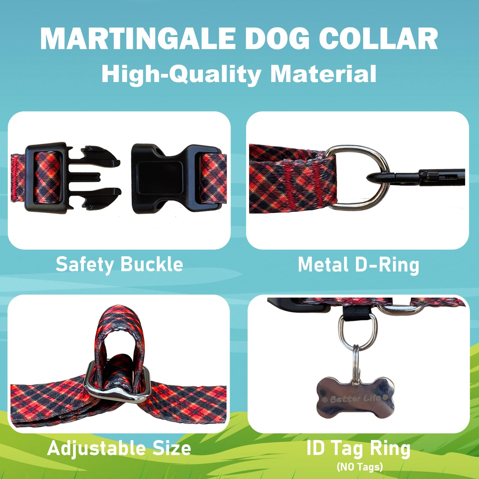 Christmas Plaid Dog Collar - Adjustable Soft Nylon Martingale Collar for Small Dogs (Red, for Walks & Training)
