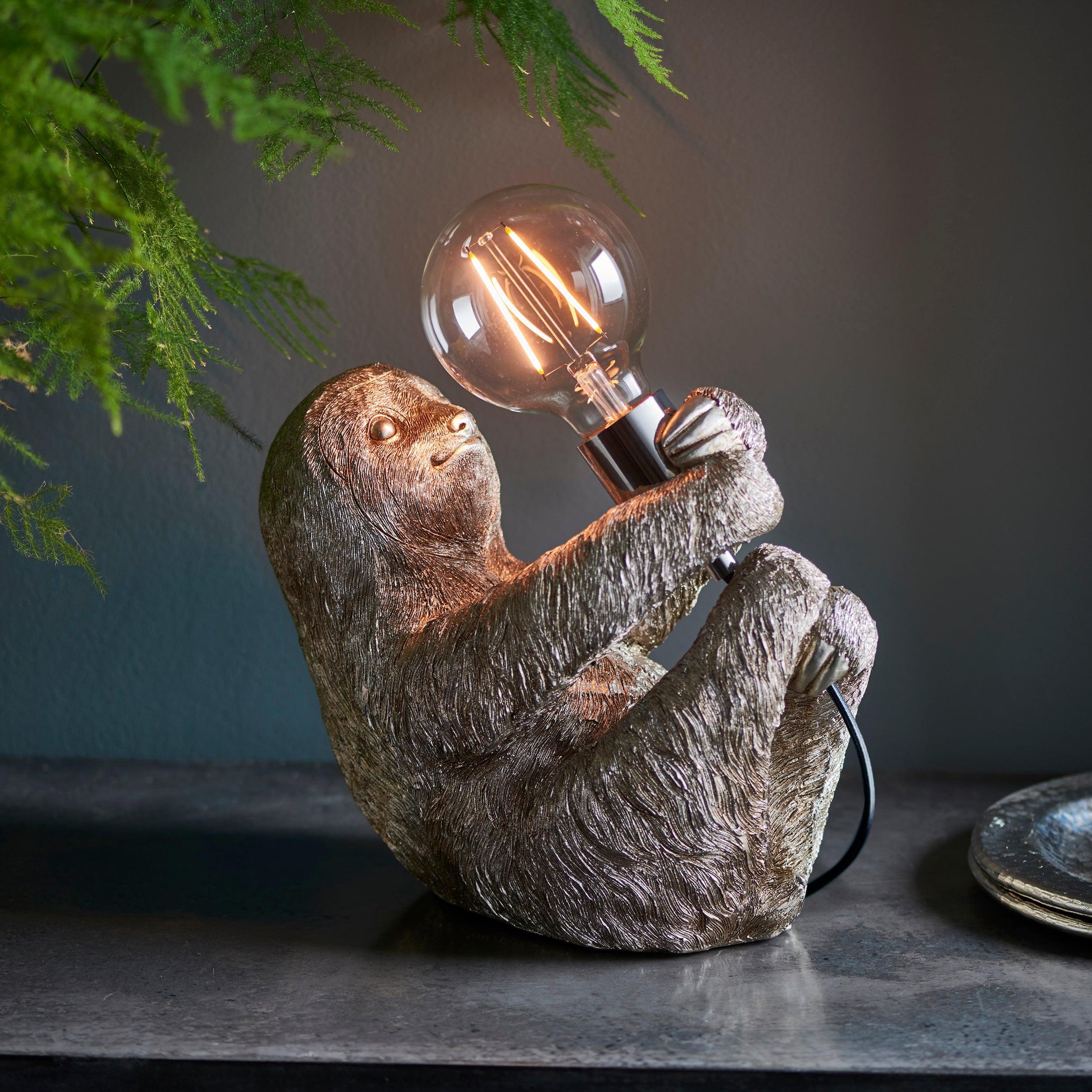 Silver Sloth Table Lamp - Cute & Cozy Nightstand Light for Bedroom, Nursery, or Living Room Decor - Perfect Gift for Animal Lovers